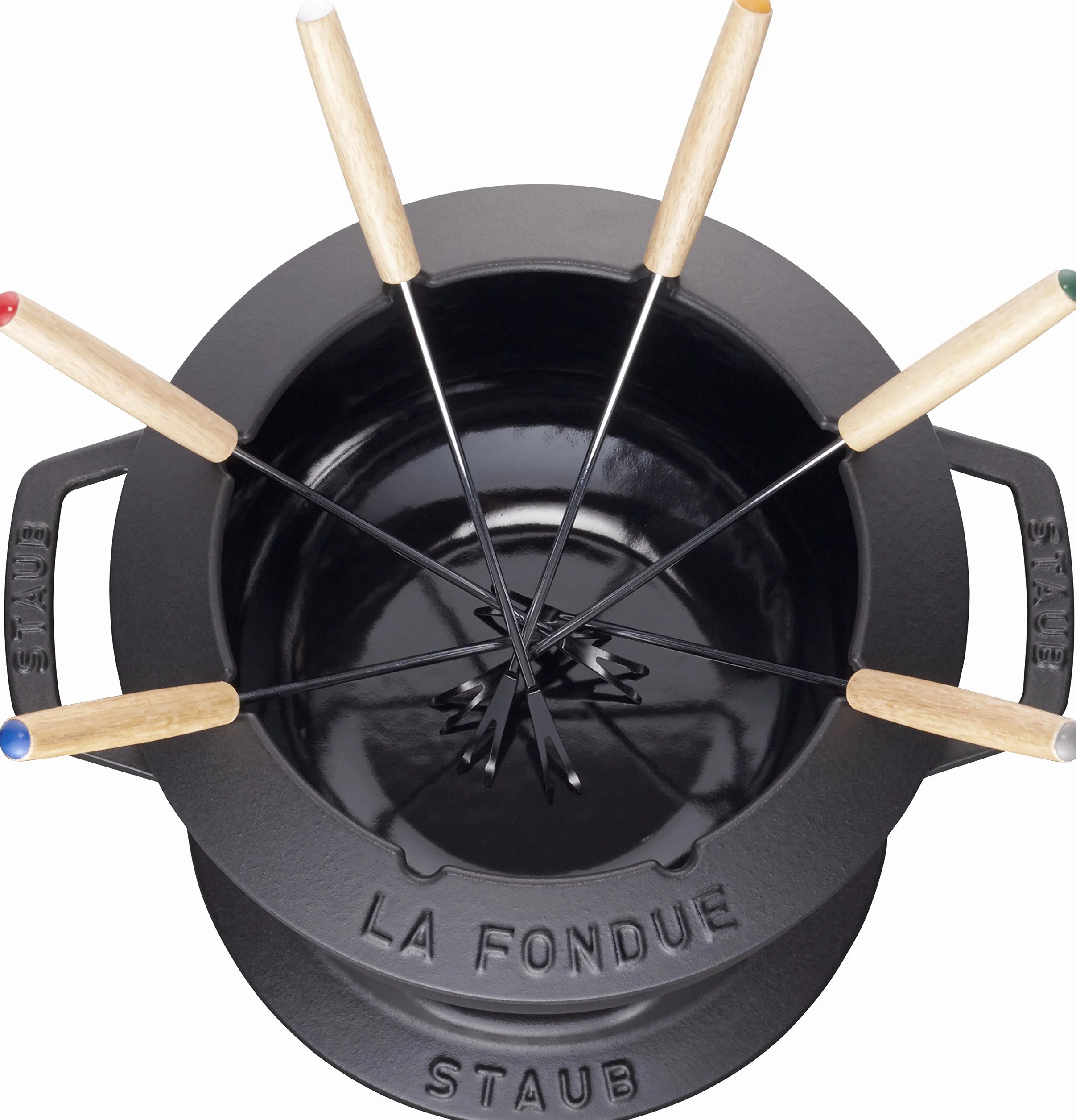 STAUB Service à Fondue en Fonte, avec 6 Fourchettes à Fondue, Pour Fondue Savoyarde, Bourguignonne et au Chocolat, Ø 20 cm, Noir Mat