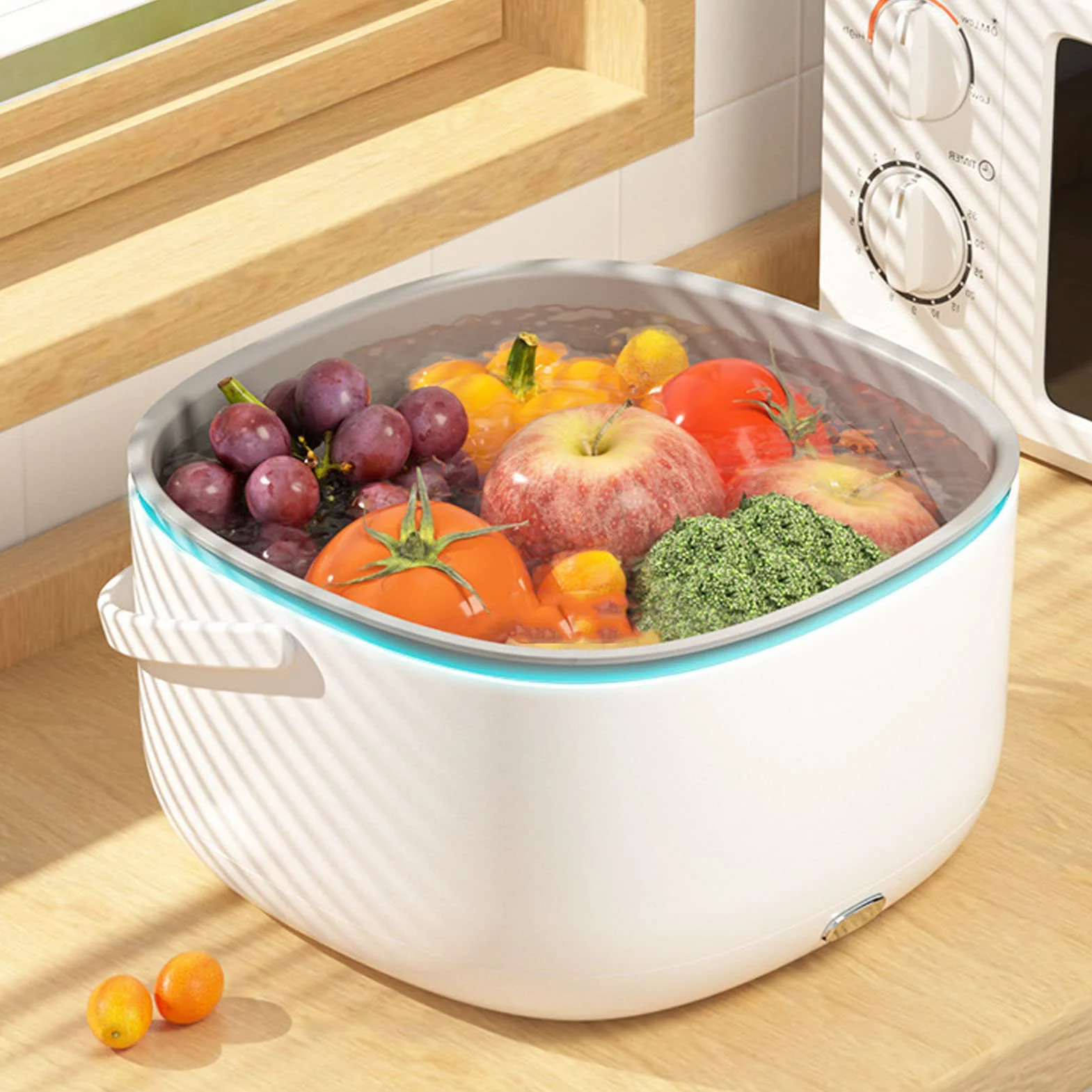 Nettoyeur à Ultrasons pour Fruits et Légumes, Double Drainage électrique Multifonction, Purificateur D'aliments pour Ingrédients de Vaisselle