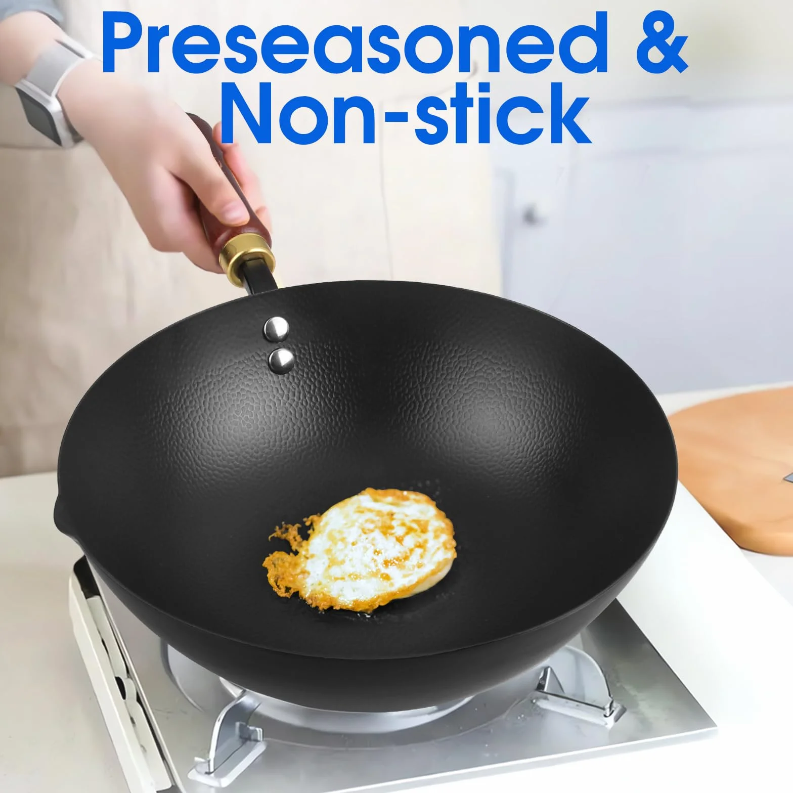 Souped Up Recipes Wok en acier carbone de 25,4 cm pour cuisinières électriques, à induction et à gaz (couvercle et guide d'utilisation vidéo inclus)