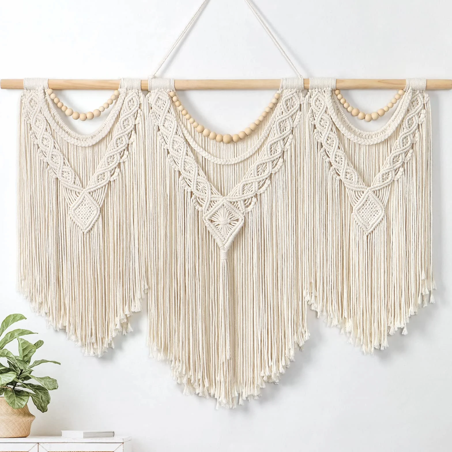 Dremisland Macramé Tenture Murale Grande Boho Chic Tissé Tapisserie Feuille Gland Art Coton Corde Bohème Macramé Décoration Murale pour Chambre Salon Appartement Toile de Fond (Perles en bois)