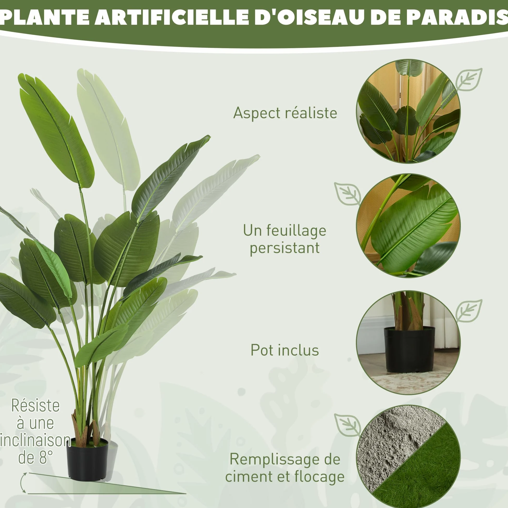 HOMCOM Plante Artificielle Intérieure Oiseau de Paradis 160 cm Vert | avec Pot en Plastique et Terreau Floqué, Arbre Artificiel, Fausse Plante pour Maison Bureau Salon Chambre