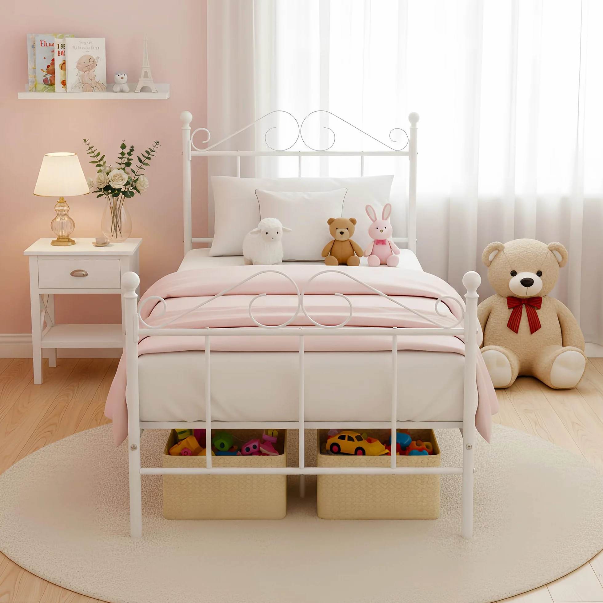 Cadre de Lit Enfant en Métal pour Matelas 90x190 cm, Lit Enfant Sol avec Sommier 90x190/Montage Facile/Convient comme pour Enfants/Ado/Adolescent Garcon/Fille/Senior/Blanc/Style A