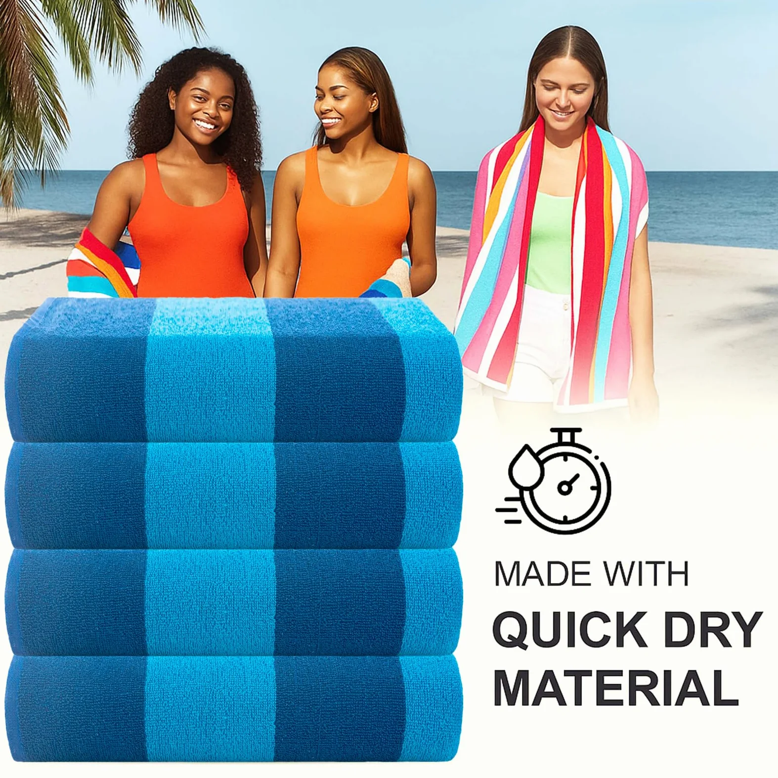 Casa Copenhagen Serviettes de Plage Malibu, conçues au Danemark, Robustes et durables, séchage Rapide, pour la Piscine. Lot de 4 Serviettes de Plage et de Bain en Coton, 76x 152cm. Bleu/Turquoise