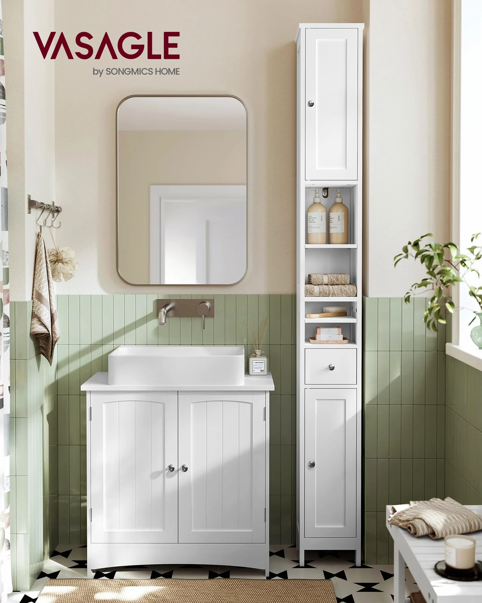 VASAGLE Colonne Salle de Bain Haute, Meuble Salle de Bain Etroit, avec Étagères Réglables, Tiroir, Compartiments Ouverts, pour Les Petits Espaces, Moderne, Blanc Nuage BBC765W01