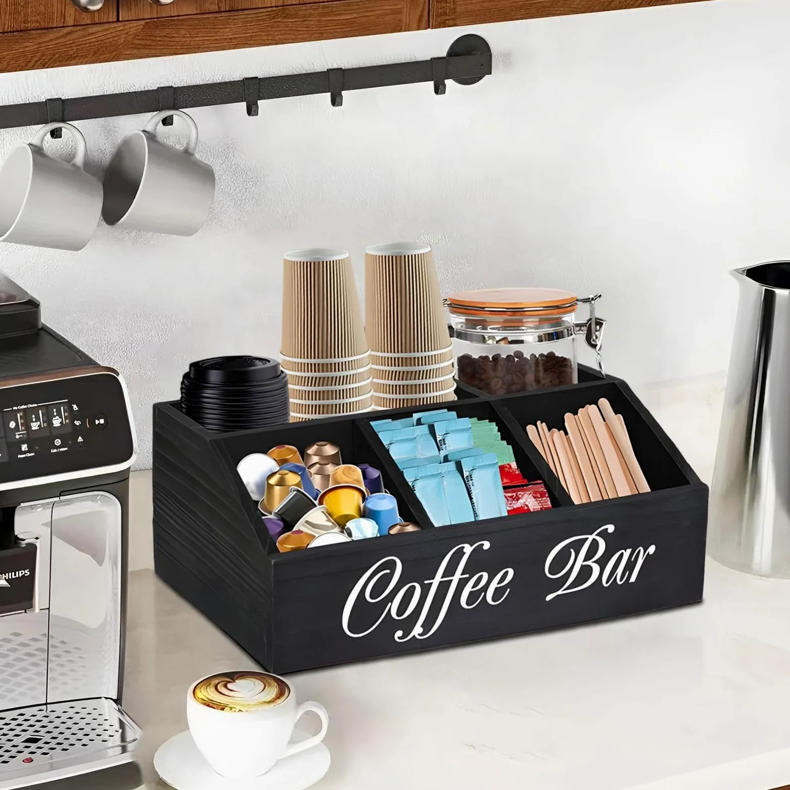 Étagère à café en bois | Organisateur de condiments de café | Plateau de rangement pour café | Panier de rangement pour dosettes de café avec séparateurs amovibles pour la maison, le bureau