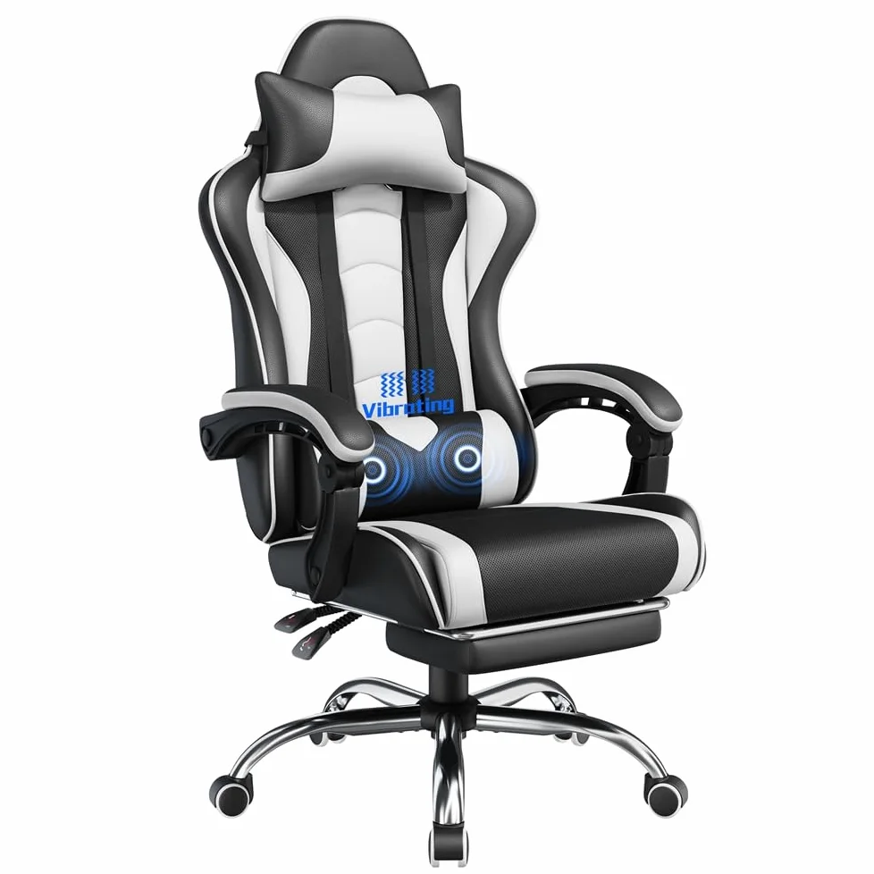 Yaheetech Chaise Gaming Ergonomique Massante avec Repose-Pieds Inclinable Rembourré en Similicuir, Fauteuil de Bureau avec Appui-tête et Support Lombaire Roues Pivotantes Blanc