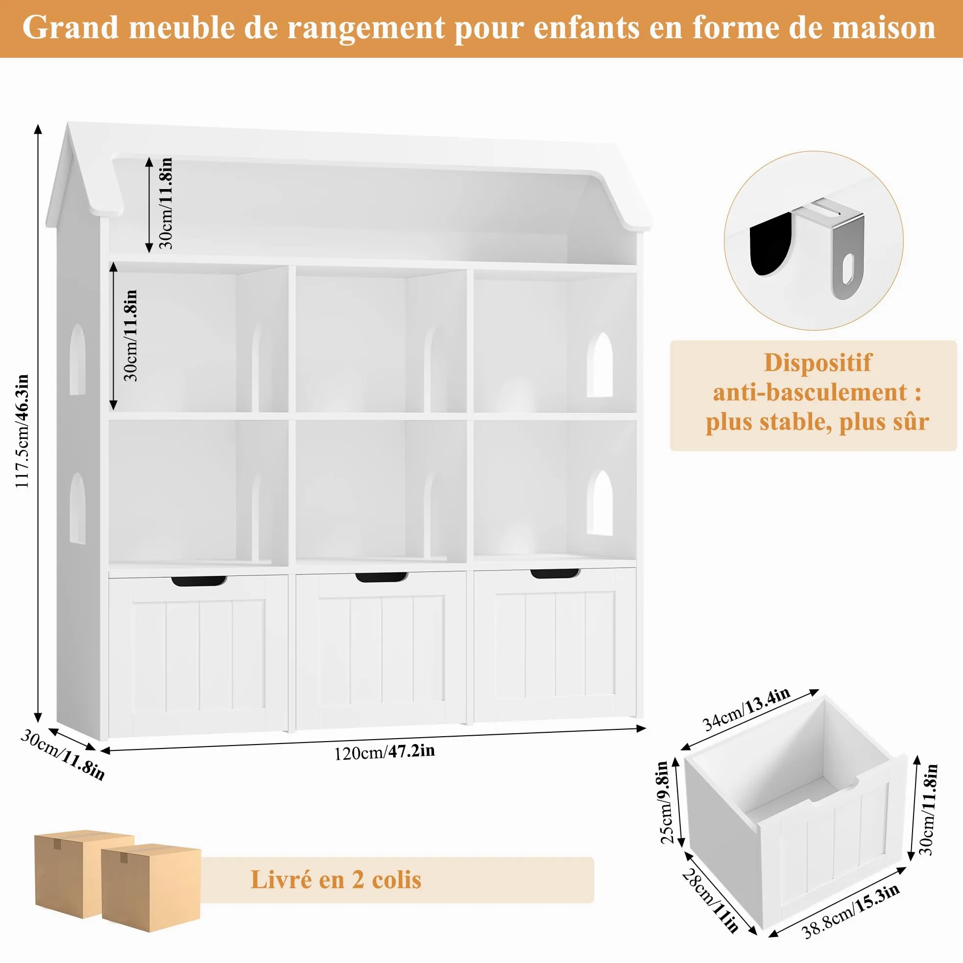 FOREHILL Meuble Rangement Enfant, Maison de Poupée, Bibliothèque Enfant avec 7 Étagères 3 Tiroirs Roulants, Rangement Jouet Chambre Enfant, 120x30x117.5cm, Blanc