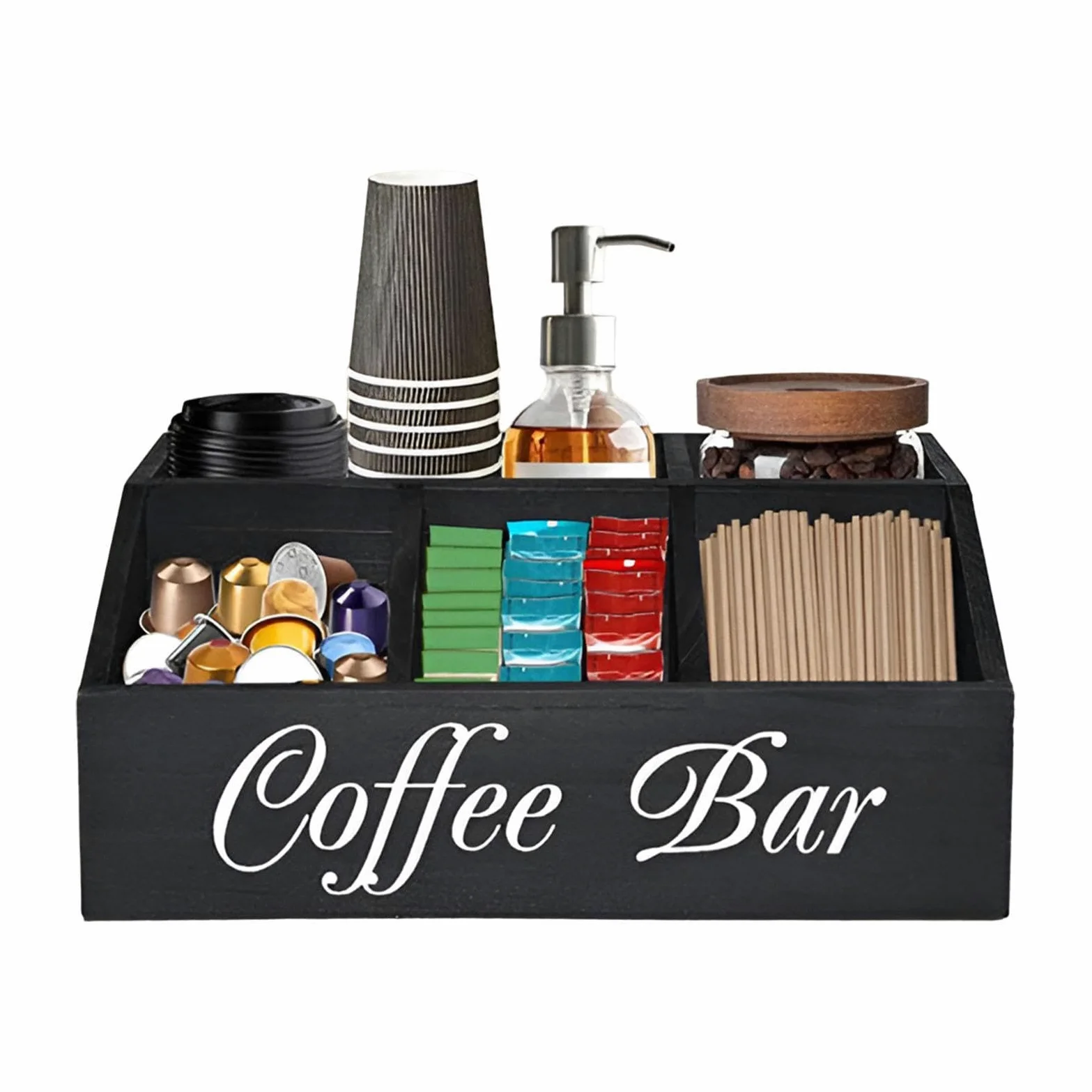 Étagère à café en bois | Organisateur de condiments de café | Plateau de rangement pour café | Panier de rangement pour dosettes de café avec séparateurs amovibles pour la maison, le bureau