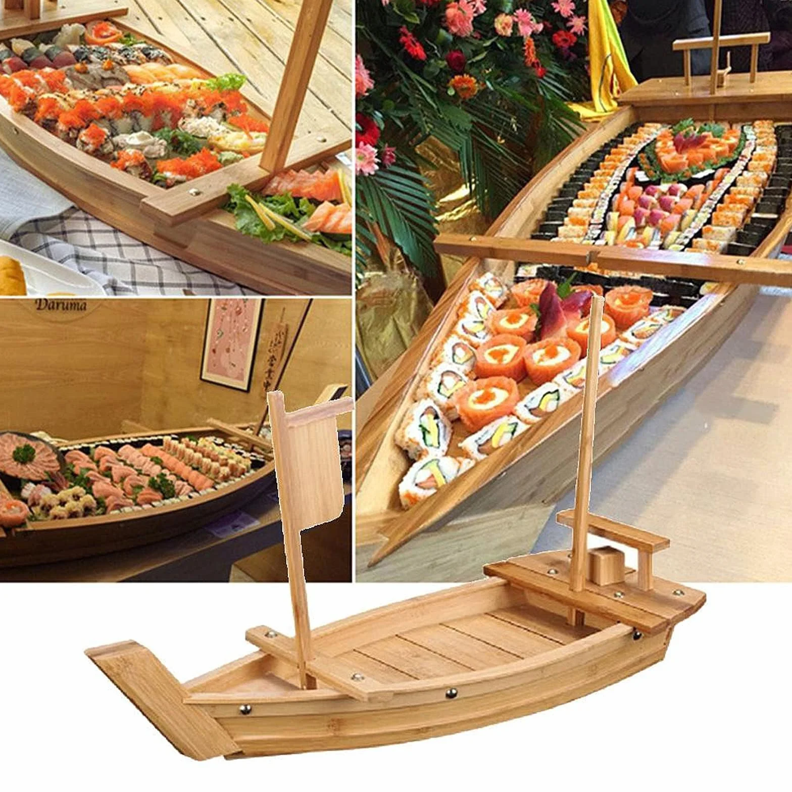 Plateau à sushis en Bambou, Assiette à sushis Japonaise, Plateau à sushis, Assiette à sushis en Bambou, pour présentation de Nourriture, Maison, Mariage, fête d'anniversaire, Bambou, 50 x 19