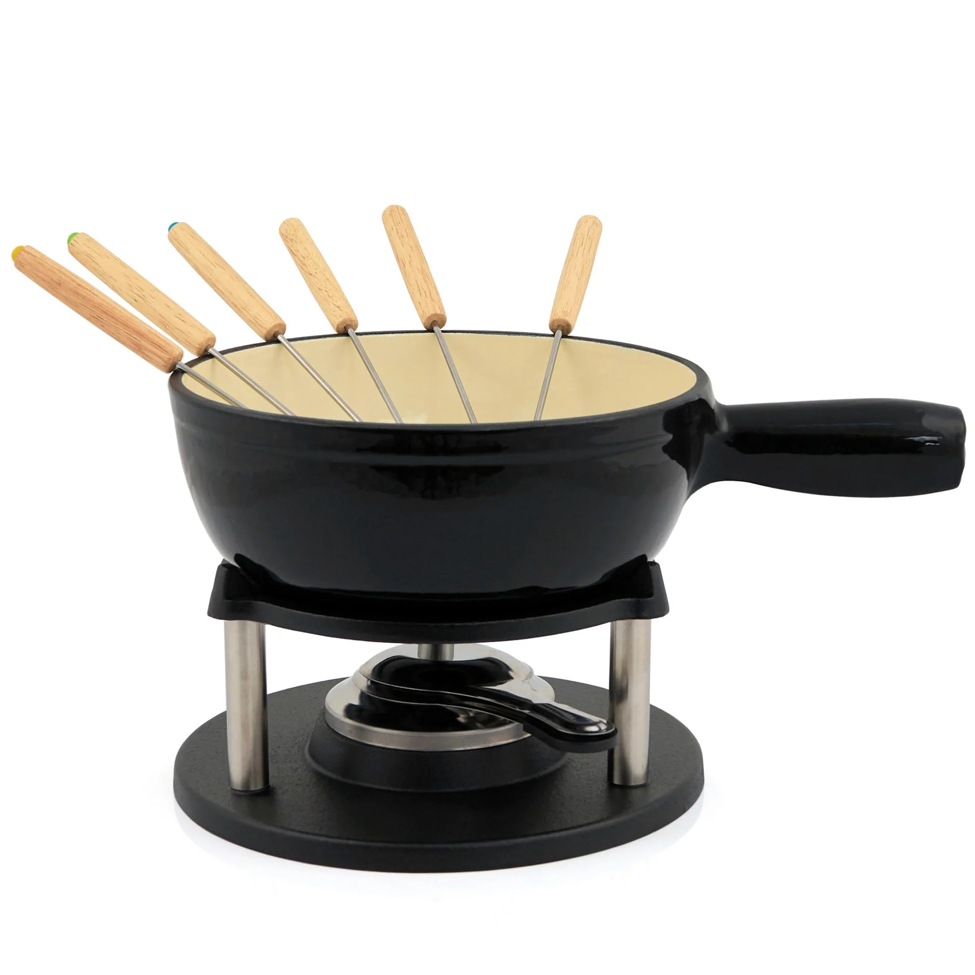 BBQ-TORO Service à Fondue en Fonte pour 6 Personnes (Noir/crème) | 2 litres | Service à Fondue émaillé | 9 pièces avec brûleur et fourchettes