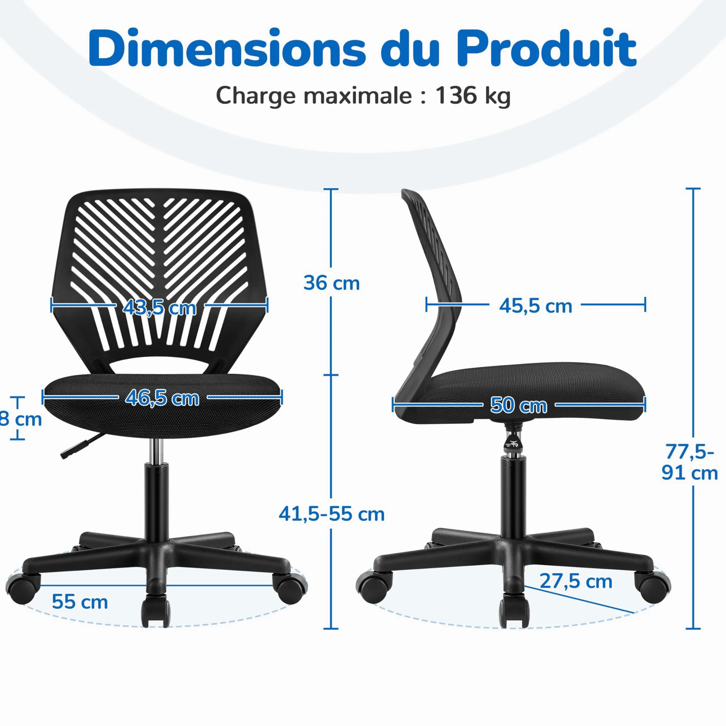 Yaheetech Chaise de Bureau, Chaise d'Ordinateur, Fauteuil Bureau Ergonomique, Pivotant, Fonction Réglage, Style Moderne, Charge de 136kg Noir