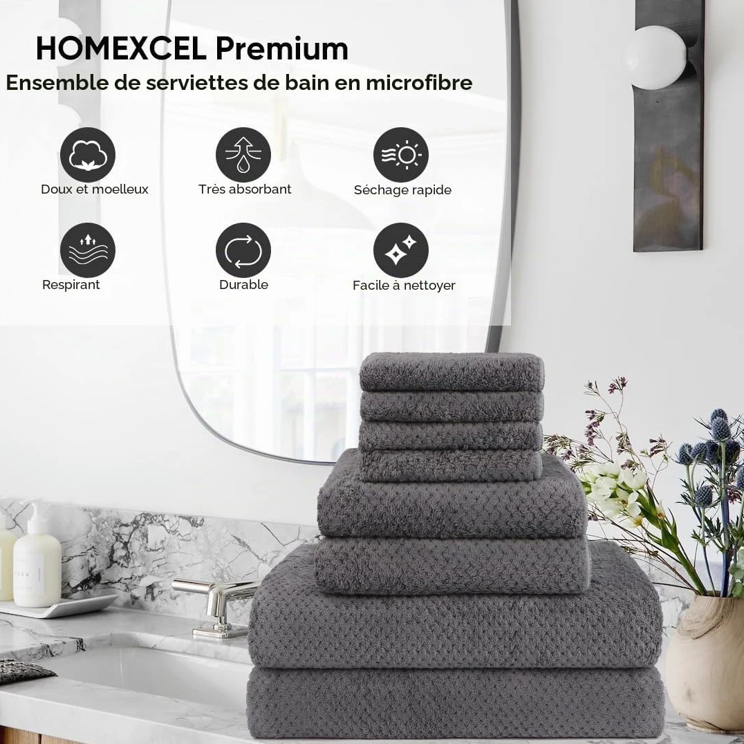 HOMEXCEL Lot de 8 Serviettes de Bain en Microfibre – 2 Serviettes de Bain, 2 essuie-Mains et 4 débarbouillettes, Super Douces, très absorbantes pour Salle de Bain, Salle de Sport, hôtel et Spa (Gris)