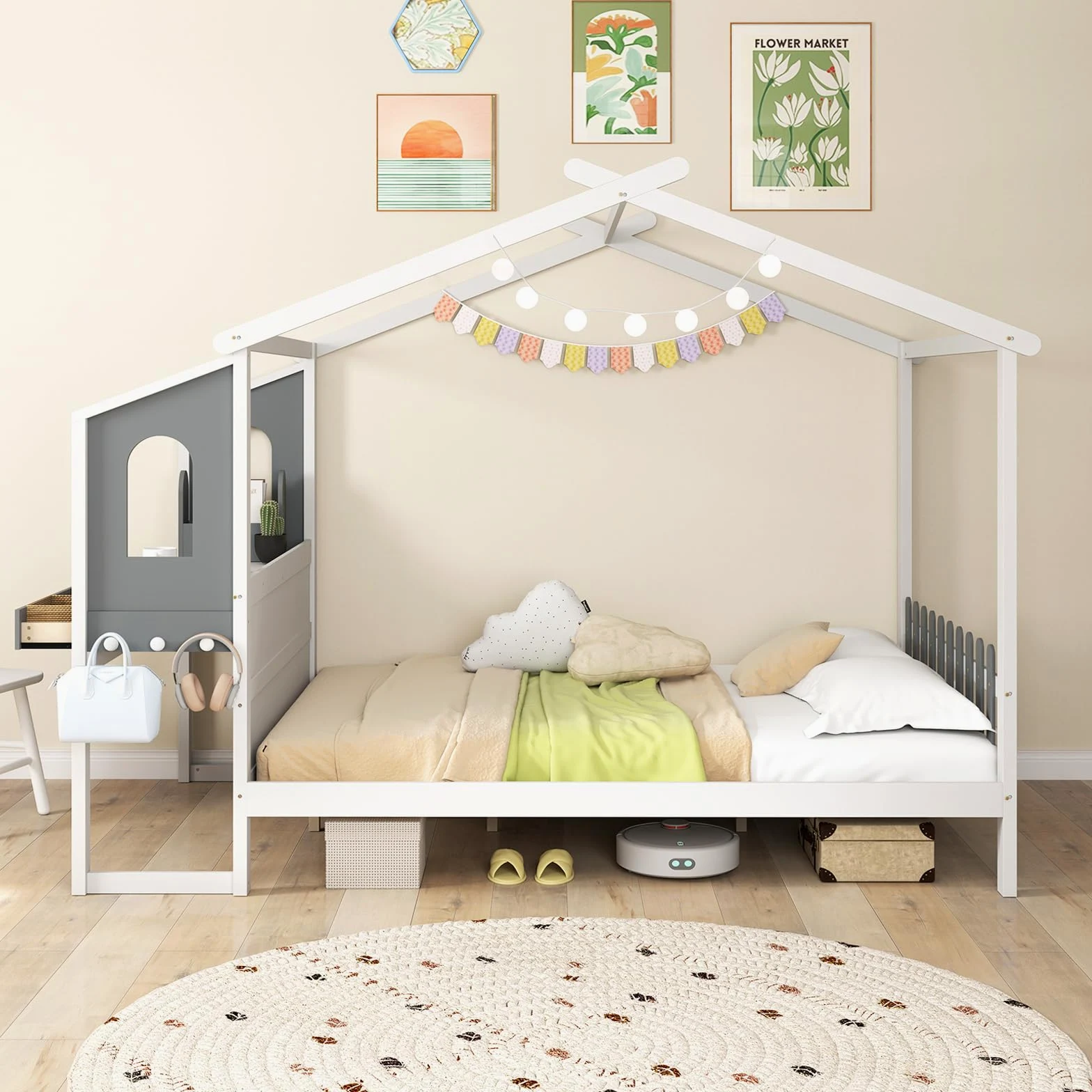 COSTWAY Lit Cabane Enfant 140 x 200 cm avec Grand Bureau, Lit Maison Double en Bois avec sommier à Lattes, Crochets et Tiroirs, Cadre de Lit Plateforme pour Garçon et Fille, Blanc et Gris