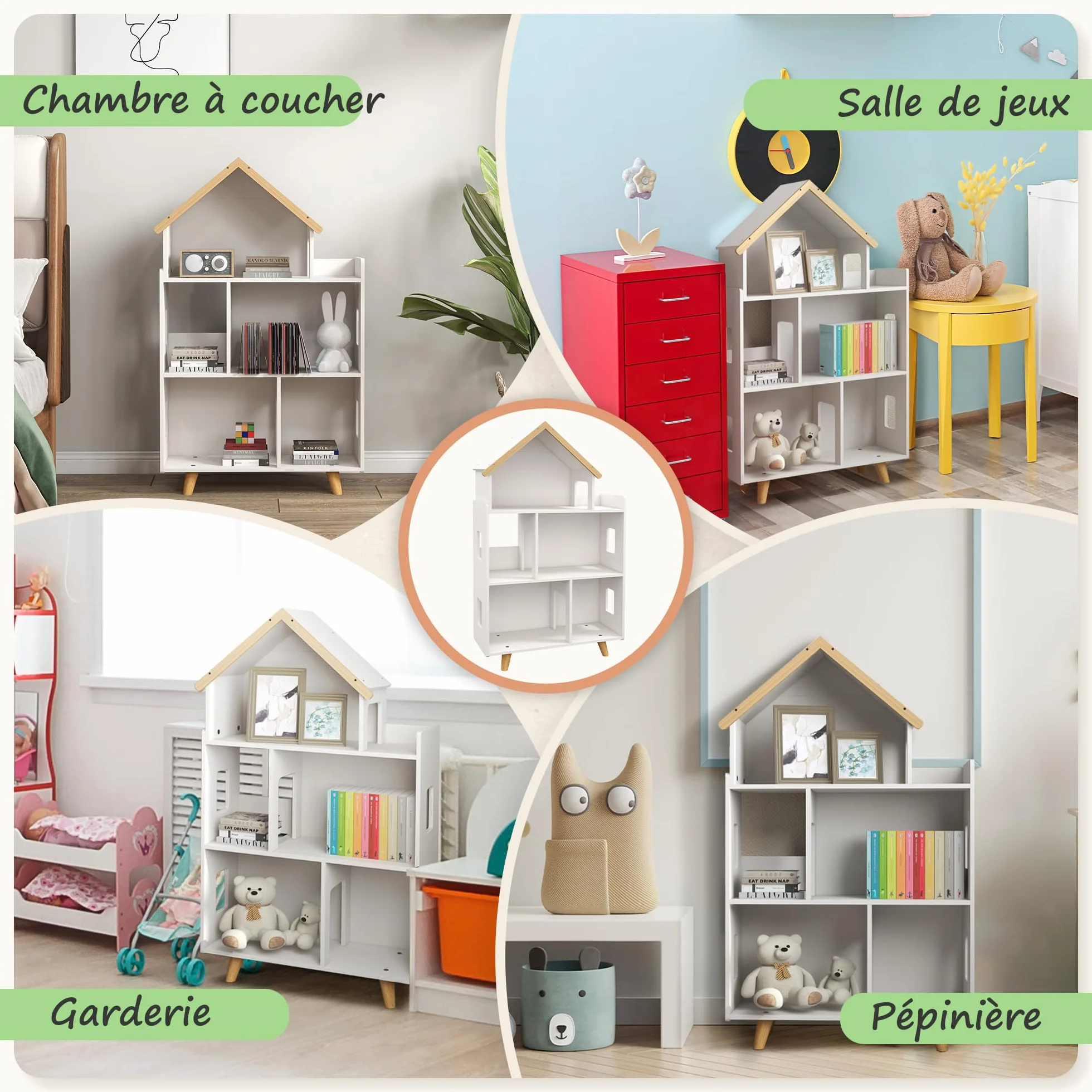 ZONEKIZ Étagère de Rangement pour Jouet Enfant et Livres Meuble de Rangement Forme de Maison - 3 Niveaux avec étagères - Bois Massif - 65 x 25 x 108,5 cm - Blanc et Naturel