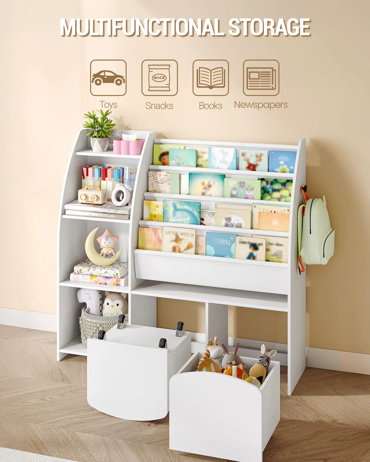 Hzuaneri Bibliothèque Enfant avec Porte-journaux, Meuble Rangement Enfant, Étagère à Jouets avec 2 colonnes, 4 étagères, 30 x 105 x 100 cm, Blanc KB12003W