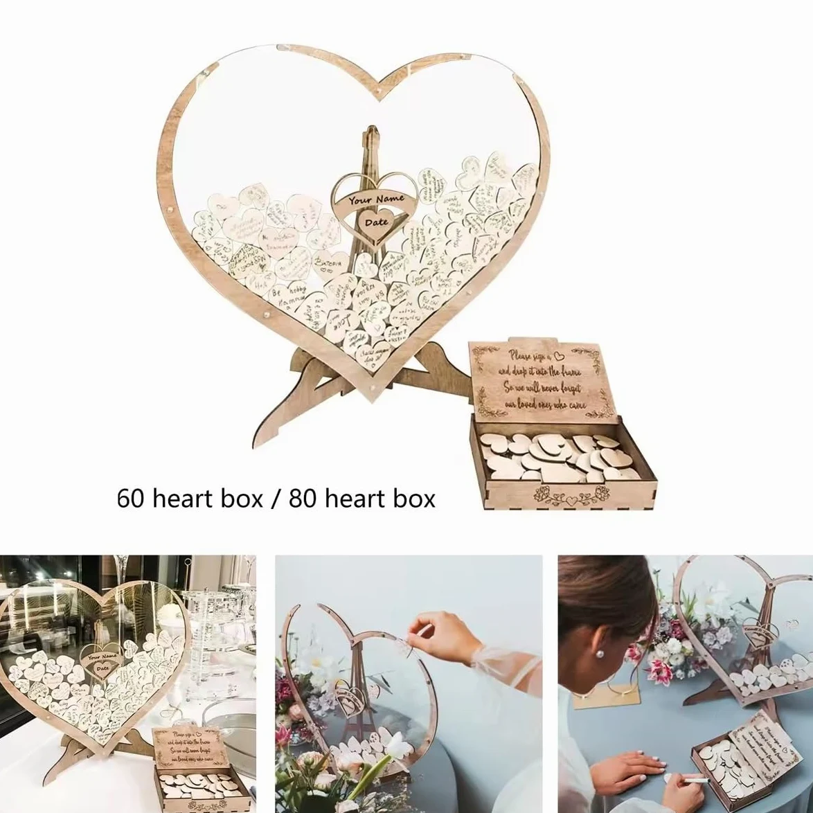 Alternative au livre d'or de mariage personnalisé, livre d'or personnalisé en forme de cœur transparent, boîte d'invités en bois en forme de cœur