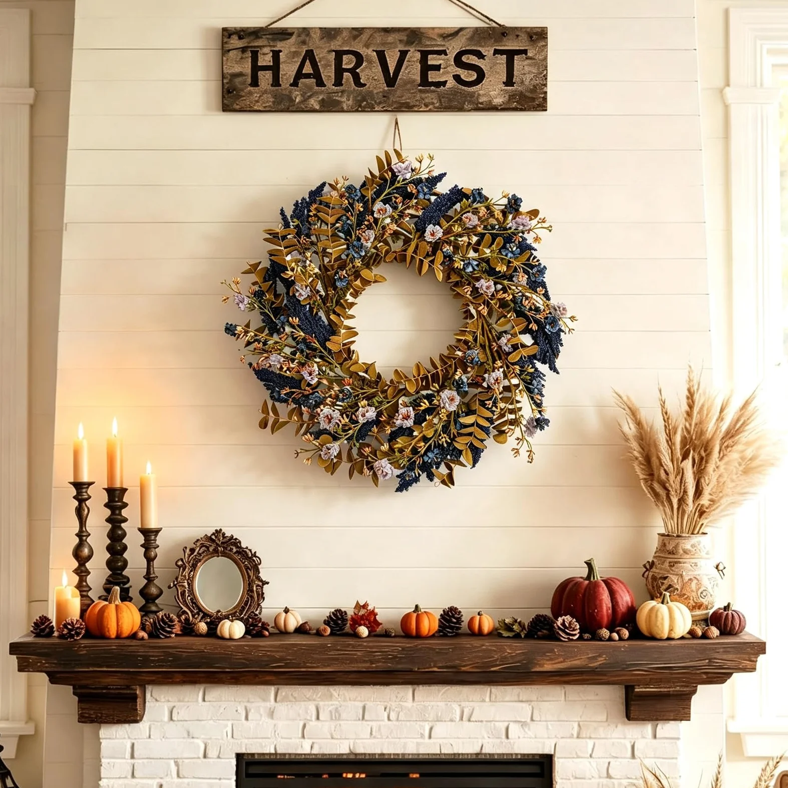 Couronne d'automne de 55,9 cm pour porte d'entrée avec buis et | Couronne de fleurs d'automne avec feuilles de buis douces au toucher pour intérieur et extérieur, couronne de fleurs sauvages