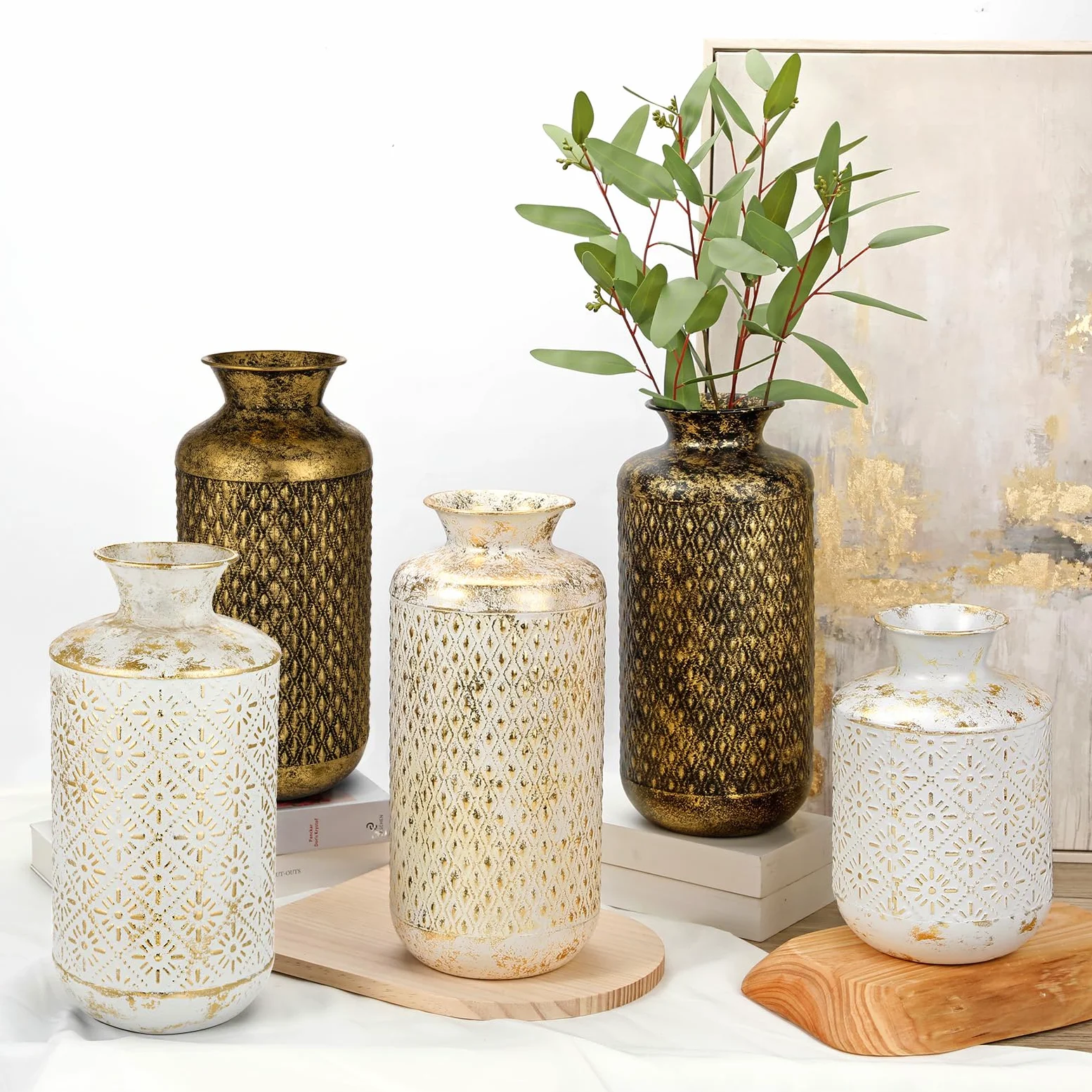 Vase à fleurs, 26 cm de haut, rustique, blanche et dorée, style shabby chic, en métal, vase décoratif pour bouquets, fleurs séchées, table à manger, décoration de bureau