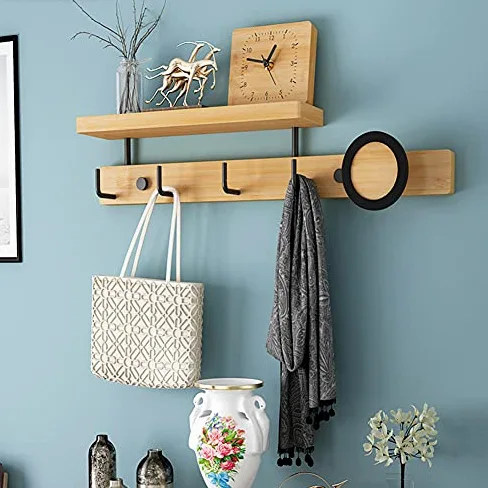 Porte-manteau avec étagère de rangement – Crochets muraux en bois pour couloir, salle de bain, salon, chambre à coucher