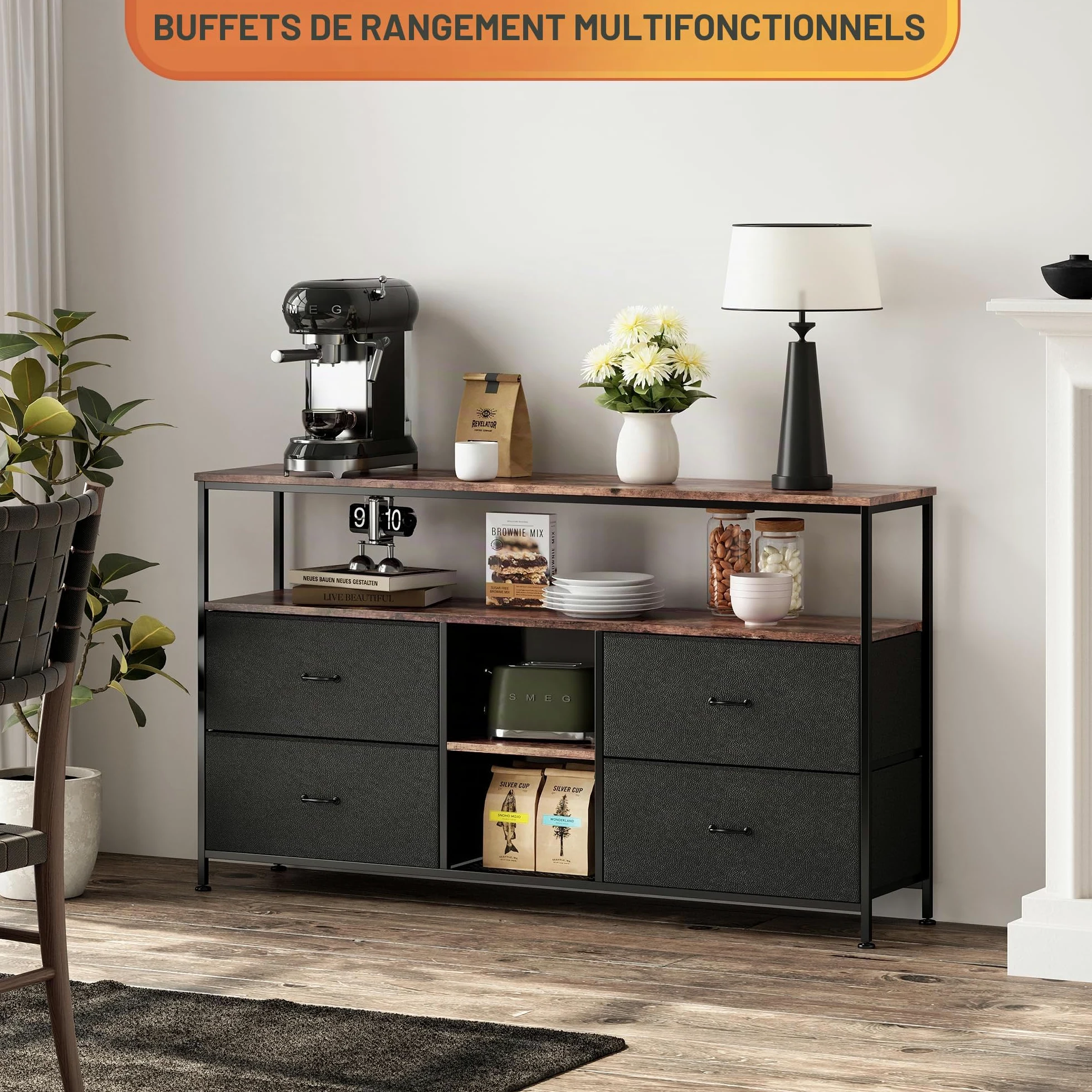 MEXUS Meuble TV, LED Meuble Tele Haut, Meuble TV avec Rangement, Etagères Réglables, 4 tiroirs en Tissu, Intégrez Solutions Rangement Optimisez Visionnage Améliorez L'esthétique (Noir, 137cm)