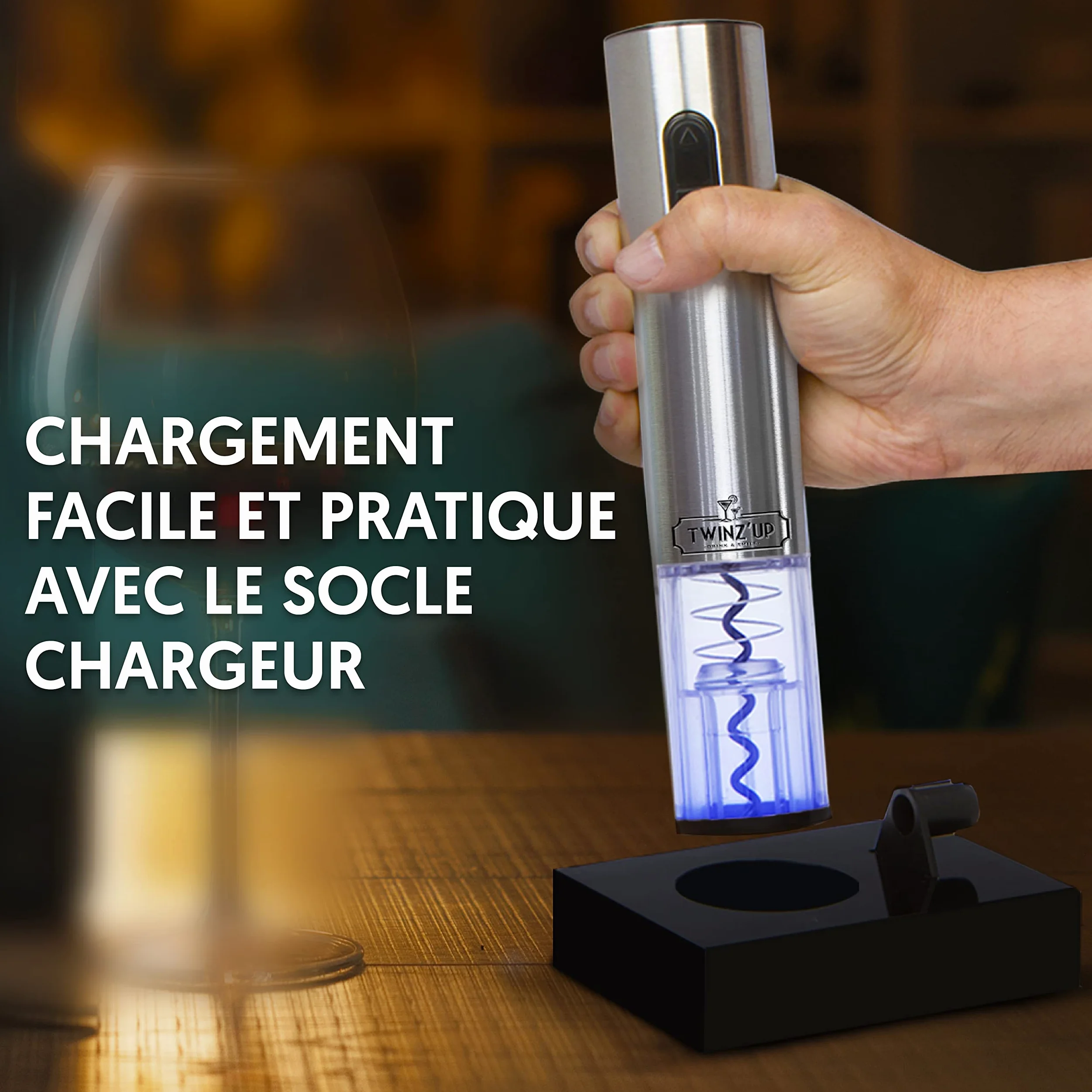 Twinz’Up Tire Bouchon Electrique Rechargeable - Coffret Cadeau Homme - Ouvre Bouteille Electrique sans-Fil avec Socle Chargeur et Coupe-Capsule