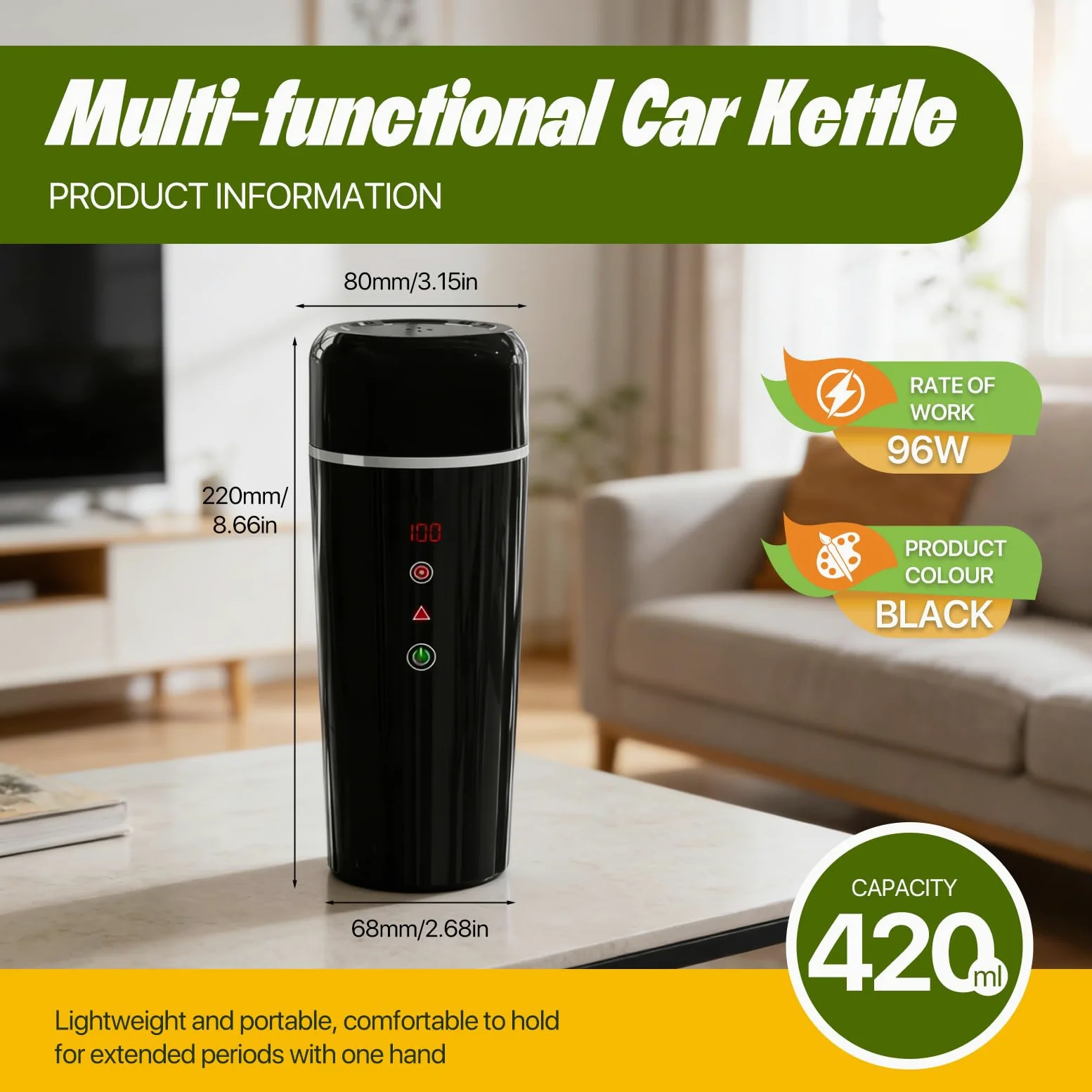 Bouilloire Électrique Portable 12V, 420ml, Acier Inoxydable 304, Noir, Chauffage Rapide, pour Voiture Camion Taxi, Camping Voyage