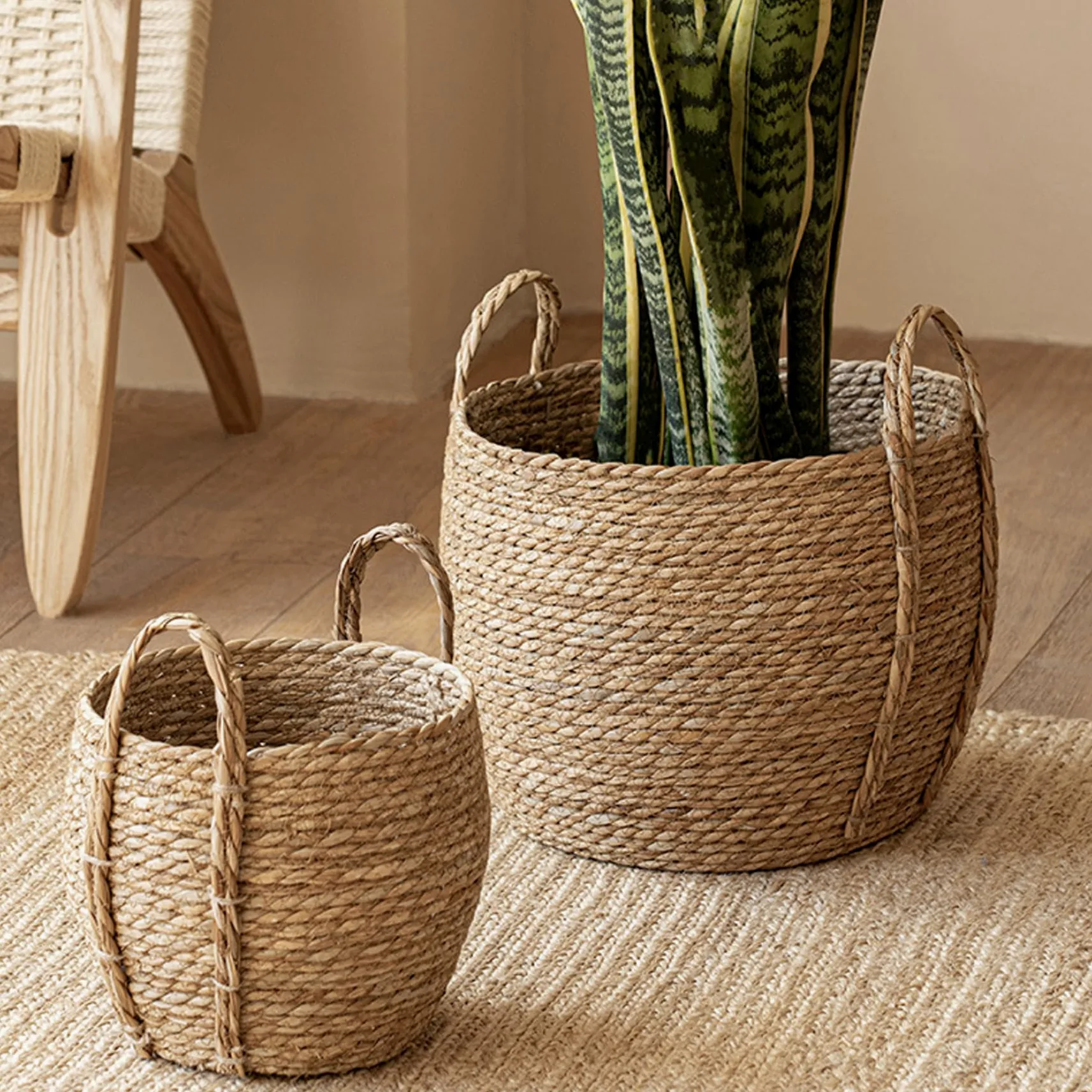 Panier à Plantes en jonc de mer, Pot de Fleurs Rustique tissé avec poignée Robuste, Rangement décoratif Naturel pour hôtel, café, décoration d'intérieur L