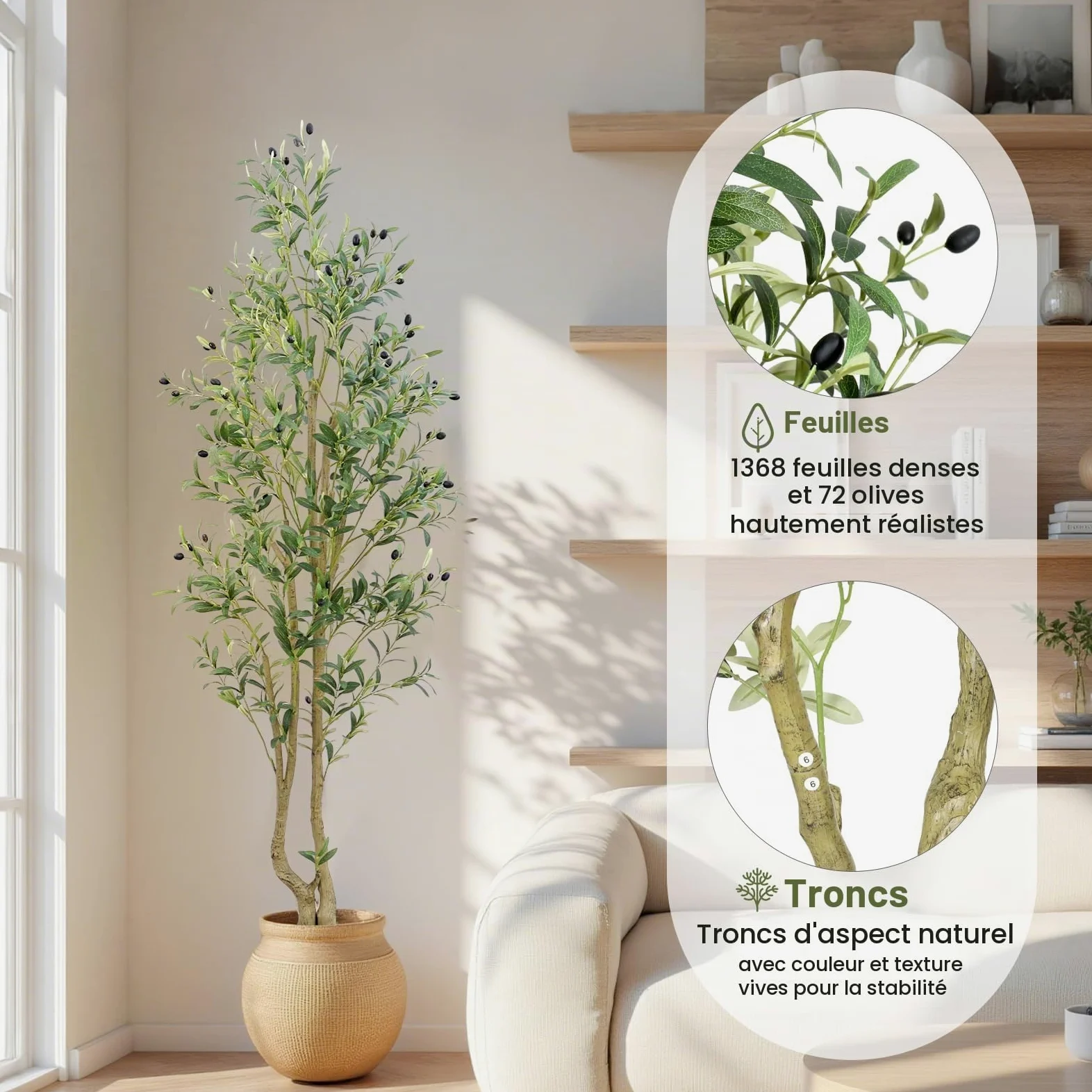 HZXGCP Olivier artificiel de 1,8 m avec pot blanc, faux arbre avec 1296 feuilles denses et 72 fruits d'olivier artificiels – Assemblage facile, nécessite peu d'entretien (olivier de 1,8 m)