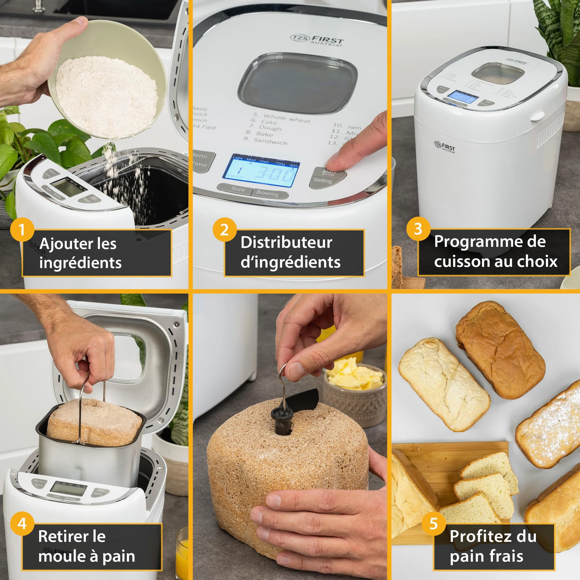 TZS First Austria - Machine à Pain 900g - 13 Programmes Automatiques - 3 Niveaux de Dorure - Programmable - Marque Autrichienne - Qualité Viennoise - Blanc/Noir