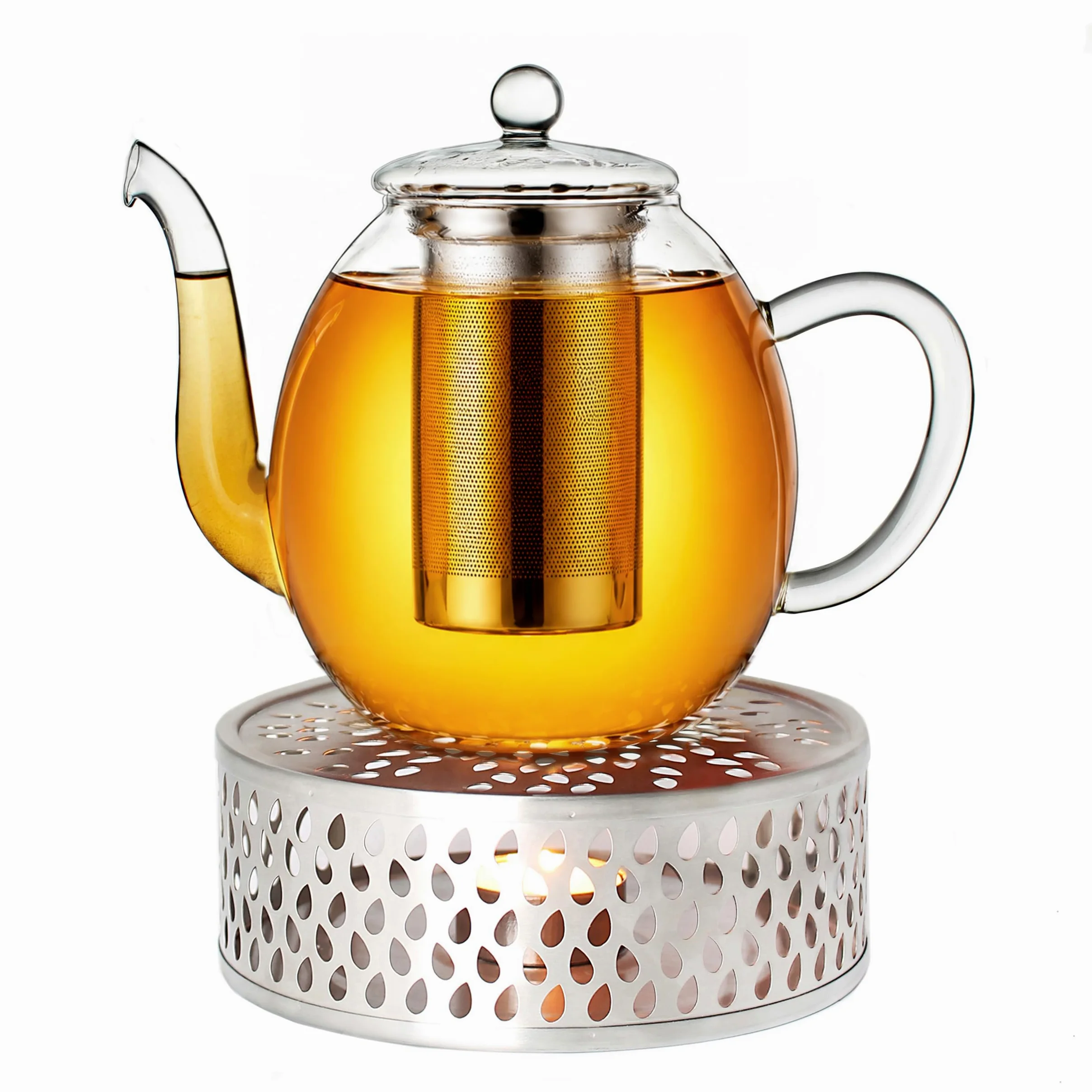 Creano Théière en Verre Haute 1,5 l Anti-Goutte avec Filtre INOX et réchaud Leaf Argent – théière Borosilicate pour thé en Vrac, sachets de thé et Fleurs de thé