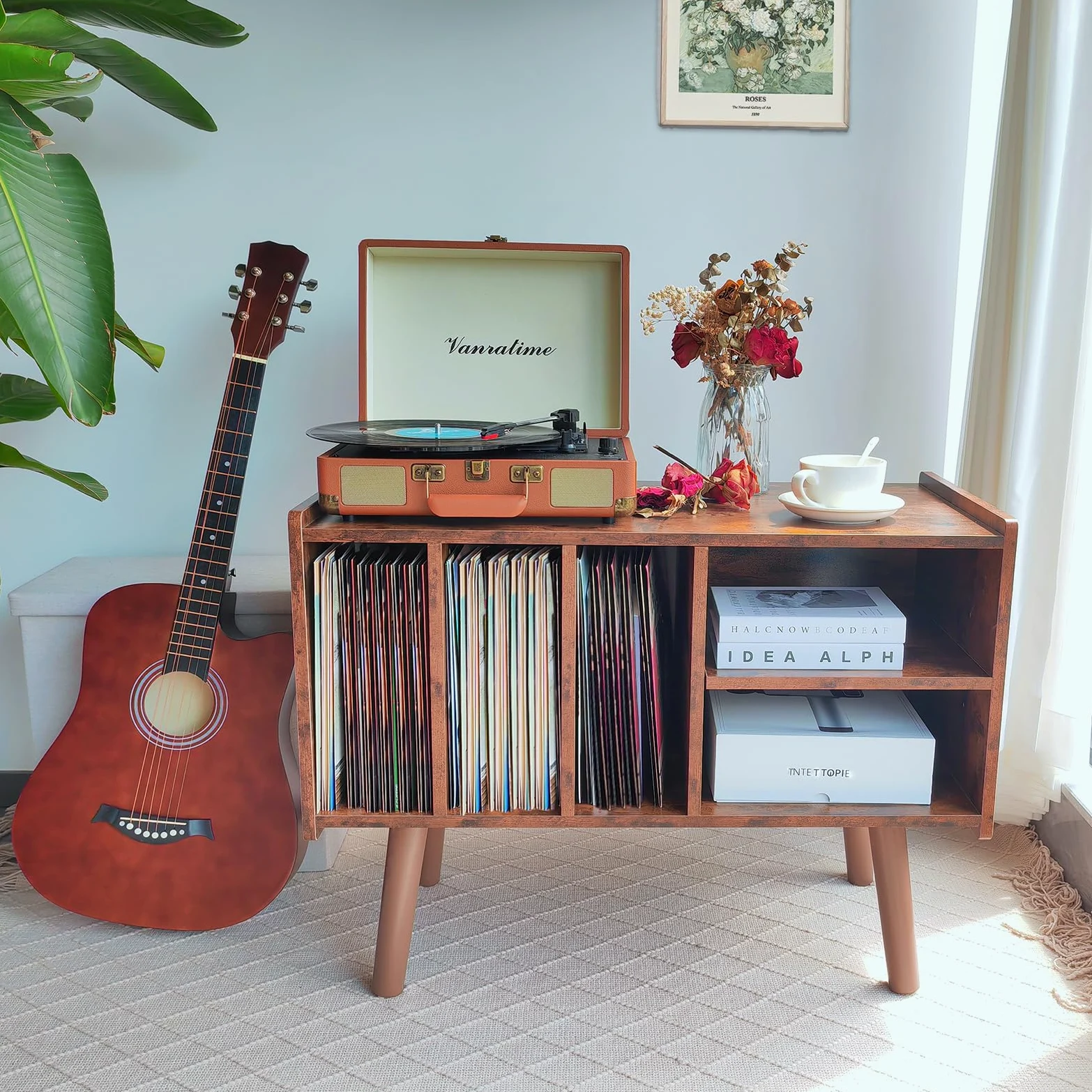 Support de Tourne-Disque Avec Rangement en Vinyle - Grande Table de Lecteur de Disques Pour Albums - Capacité de 136 kg - Support en Bois du Milieu du Siècle