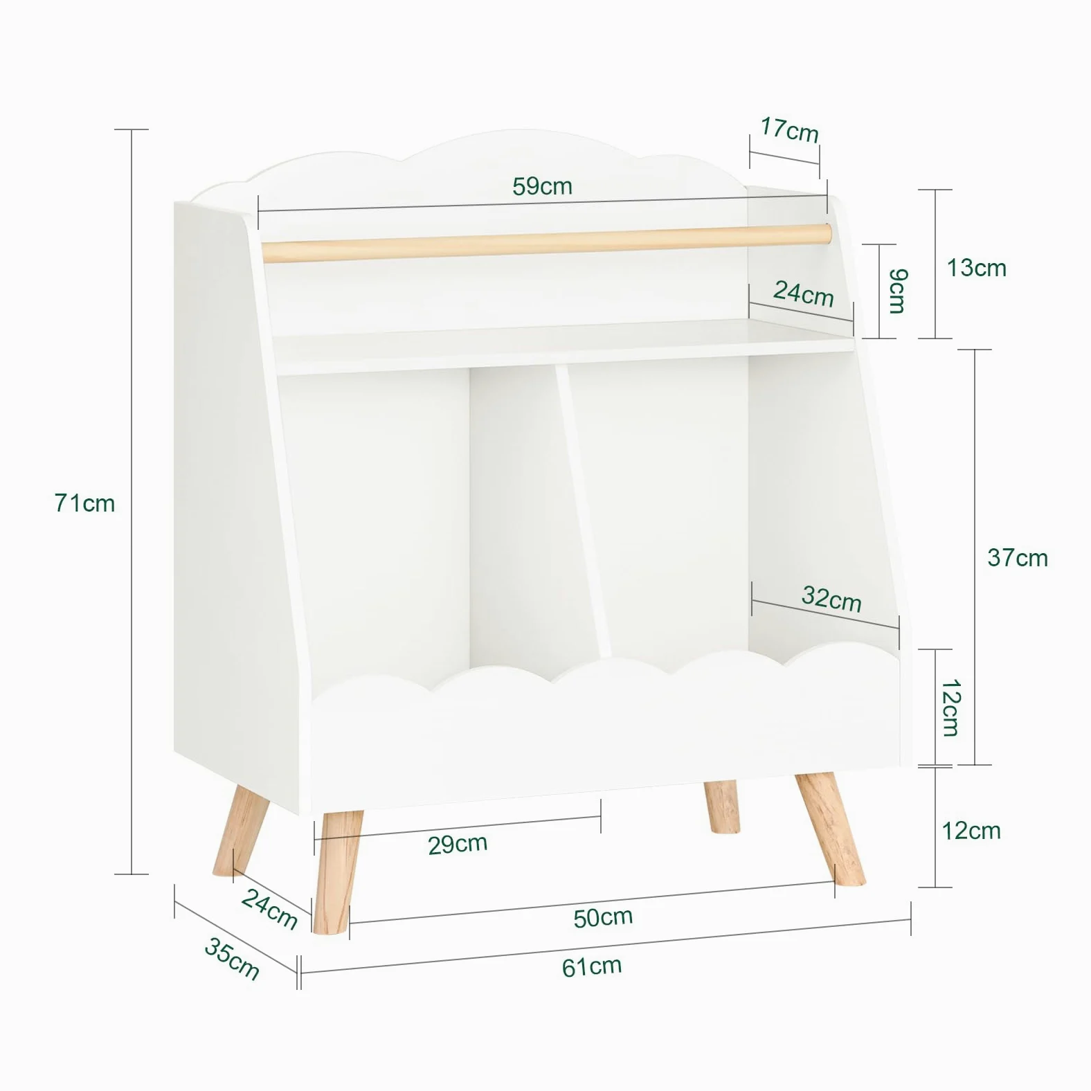 SoBuy Bibliothèque Enfant, Étagère à Livres, Étagère de Rangement Jouets pour Enfants, Meuble Rangement sur Pieds pour Chambre d’Enfant, 2 Compartiments Ouverts, Blanc, 61 x 35 x 71 cm KMB100-K-W