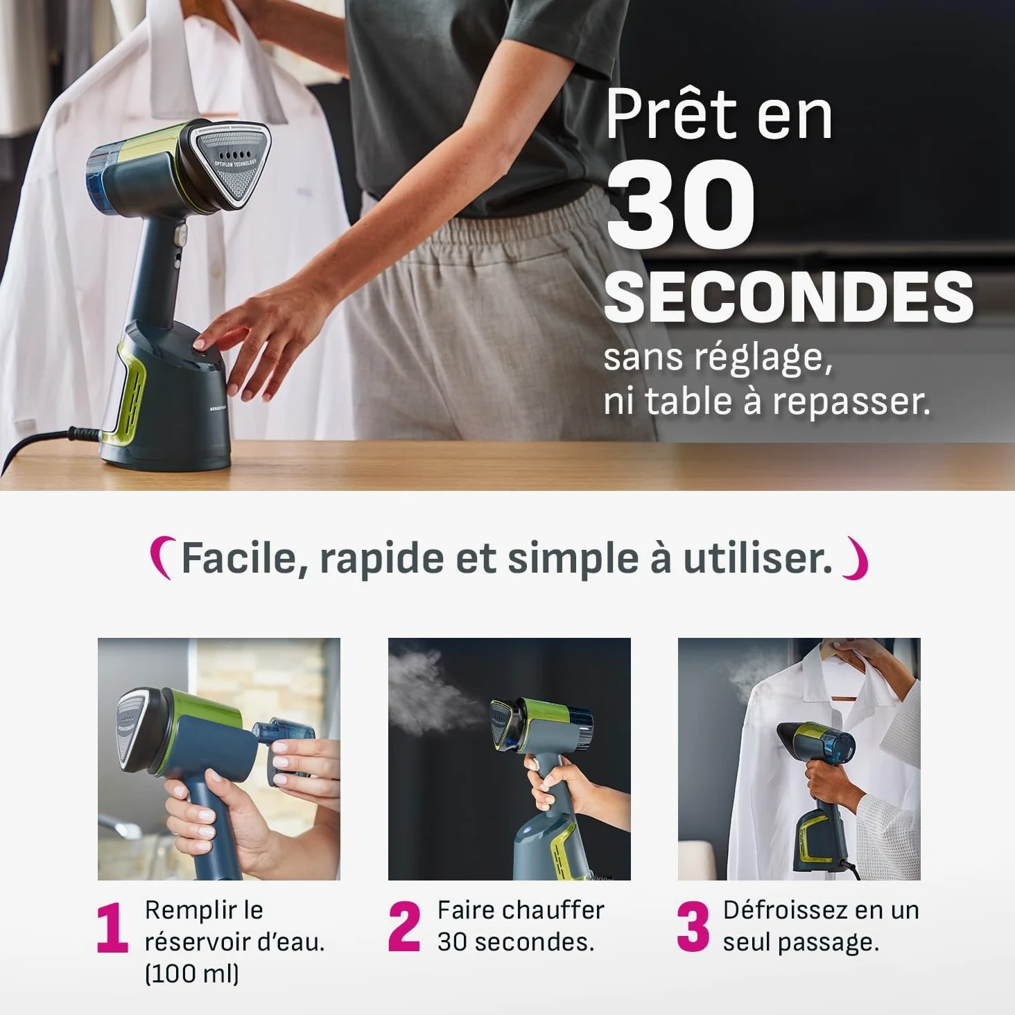 Calor AeroSteam défroisseur à main, Nouvelle technologie révolutionnaire, Résultats d’un fer à repasser en un seul passage, Rapide, Facile d'utilisation sans crochet, Fabriqué en France, DT9810C0