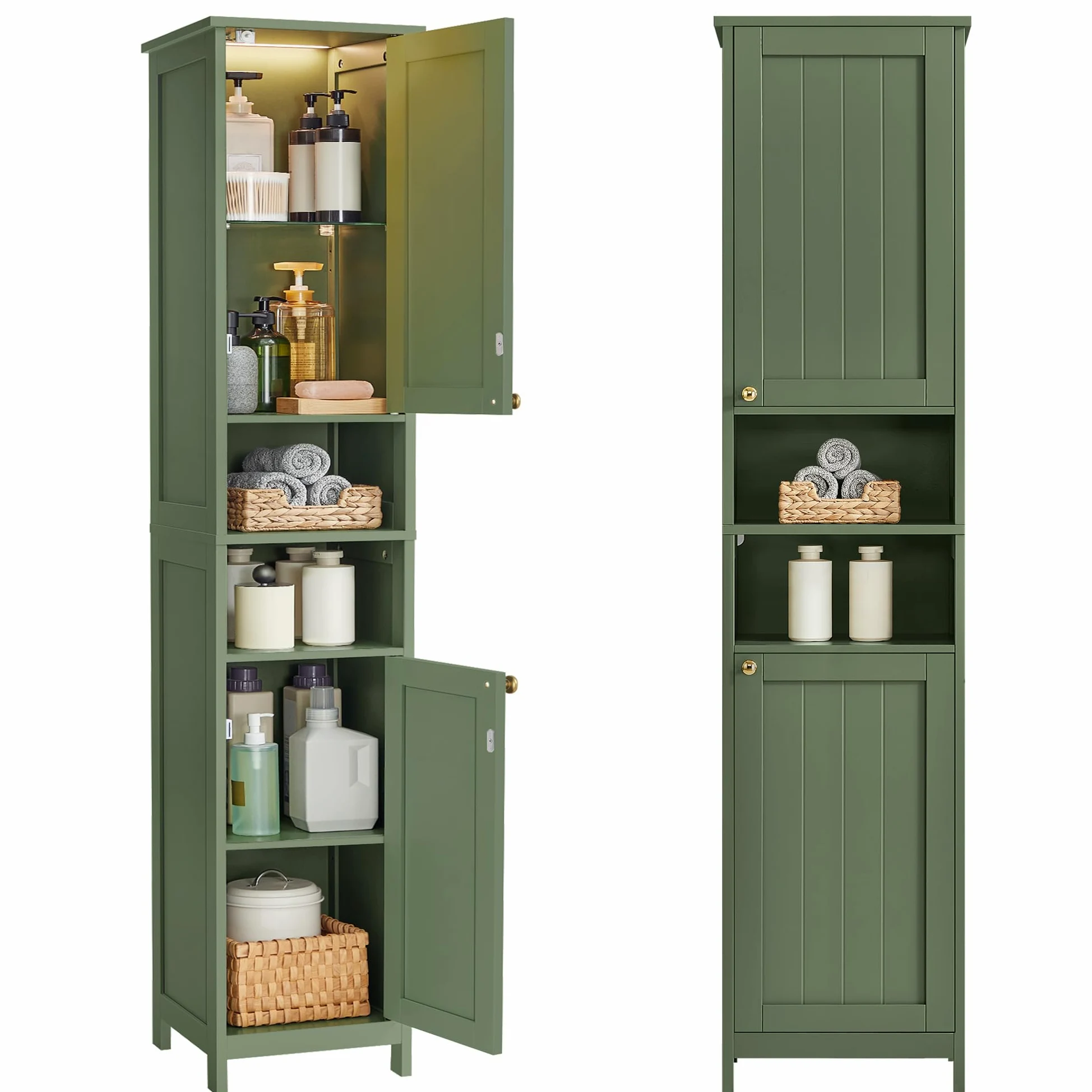 VASAGLE Armoire de Salle de Bain Haute avec Éclairage, Meuble de Rangement Mince, avec Étagères Réglables, Largeur 40 cm, pour Les Petits Espaces, Moderne, Vert Forêt BBC766CH03
