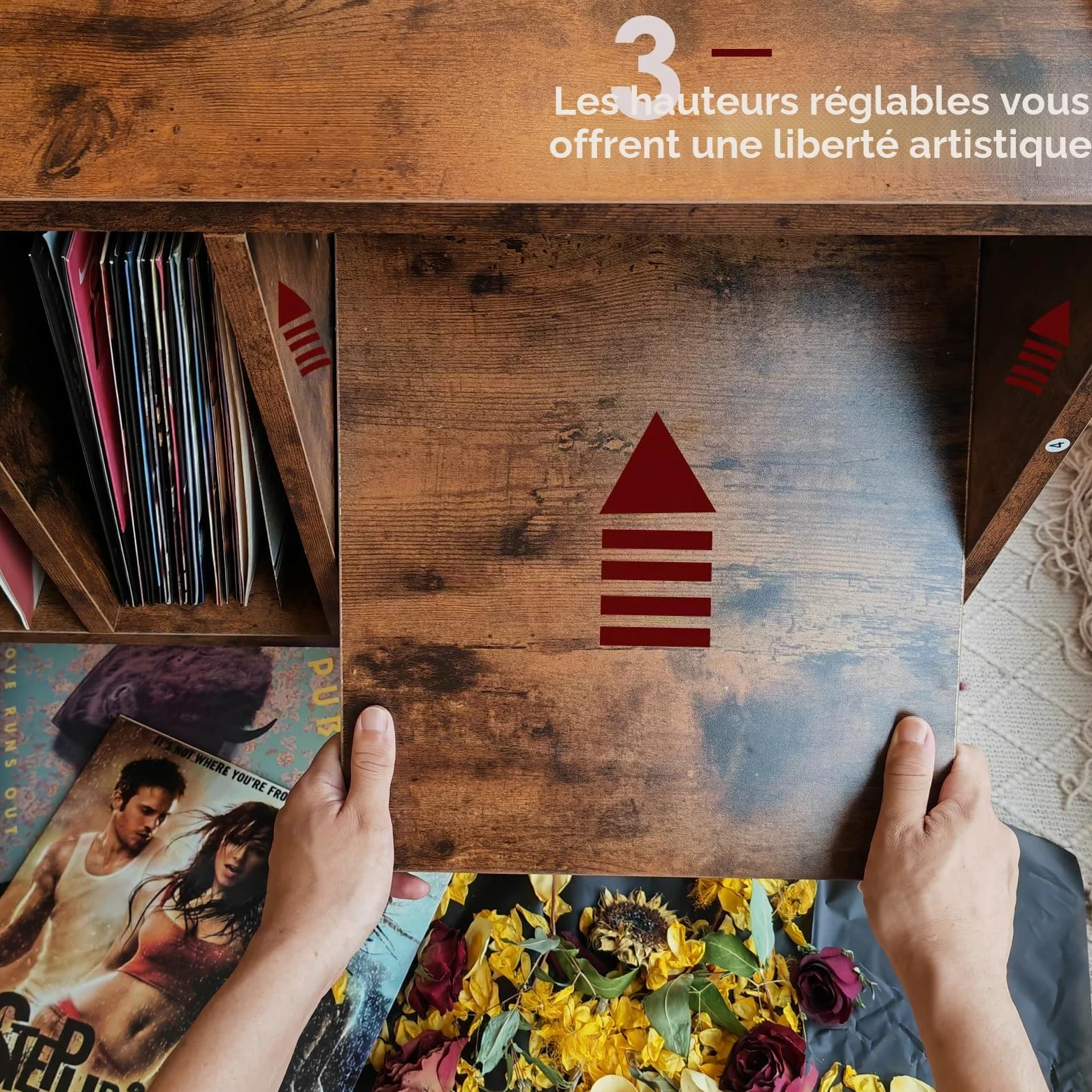 Support de Tourne-Disque Avec Rangement en Vinyle - Grande Table de Lecteur de Disques Pour Albums - Capacité de 136 kg - Support en Bois du Milieu du Siècle