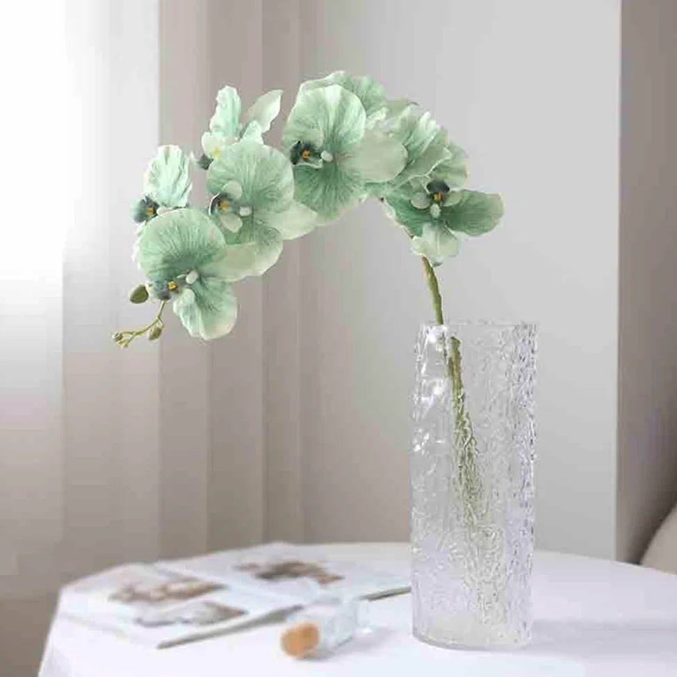 Fleurs artificielles Phalaenopsis Vert Simple, Fausses Fleurs artificielles, Arrangement de Salon, décoratives avec Vase en Verre
