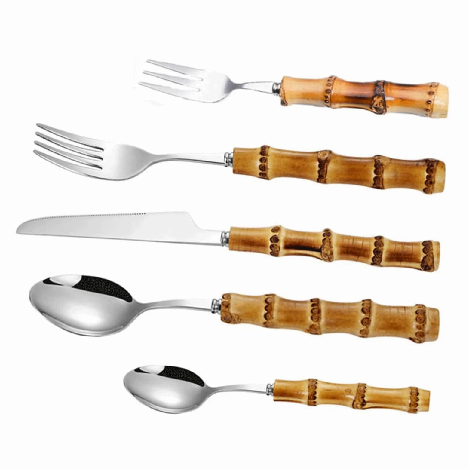 Ensemble d'argenterie 5 pièces Couteau Fourchette cuillère Ensemble de Couverts en Acier Inoxydable Miroir Poli fourchettes à dîner Manche en Bambou Ensemble de Couverts