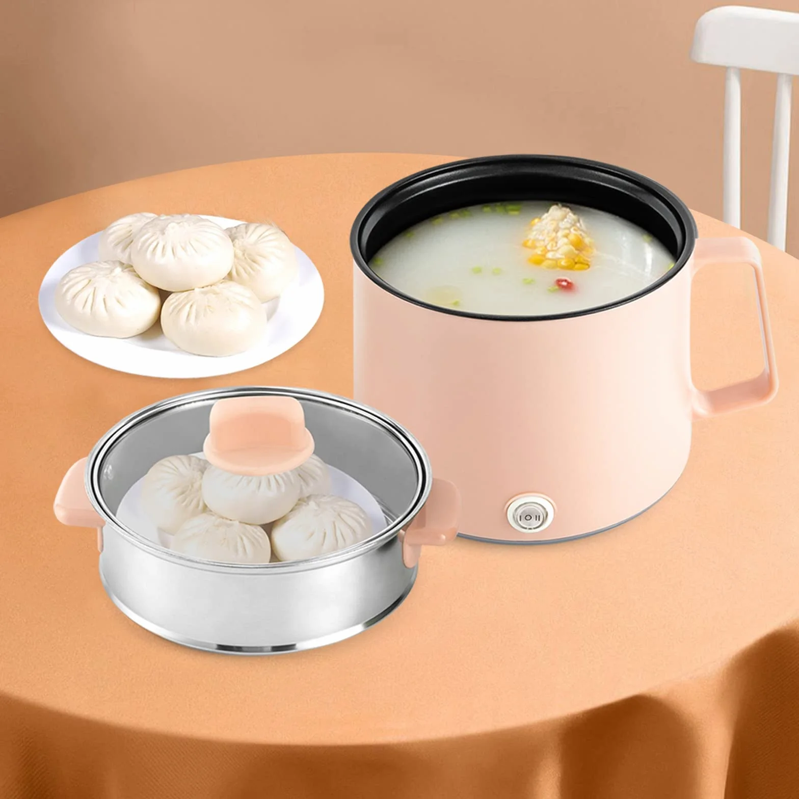 Appareil à Fondue Electrique Portable Thermostat RéGlable Couche Panier Vapeur RevêTement AntiadhéSif PoignéE RéSistante Chaleur Multifonction Fromage Chocolat Hot Pot Fondue (Rose)
