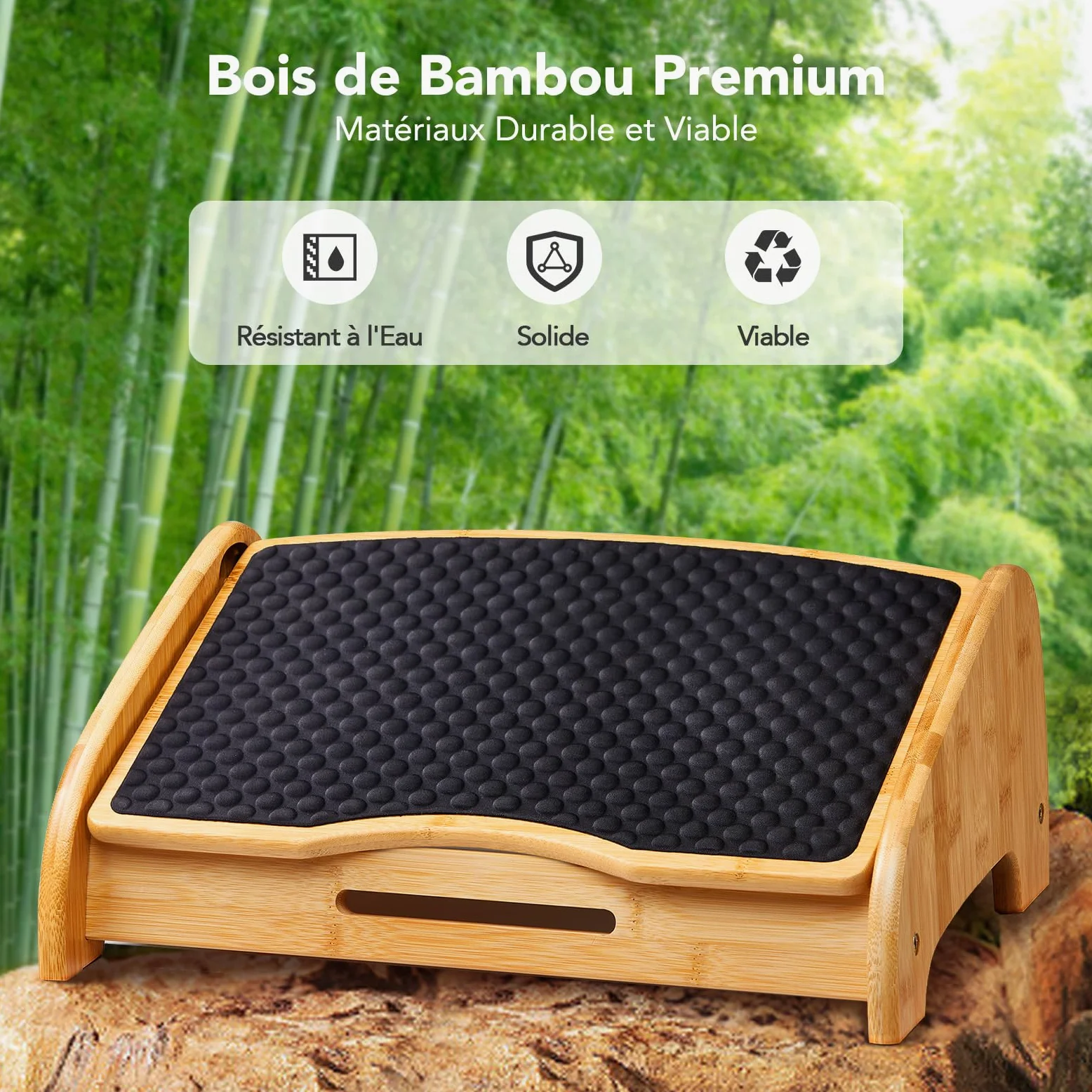 HUANUO Repose pieds bureau en bois bambou, repose pieds ergonomique avec 4 hauteurs & angles ajustables,surface massage en galets, repose pieds bureau antidérapant, meilleure posture maison & bureau