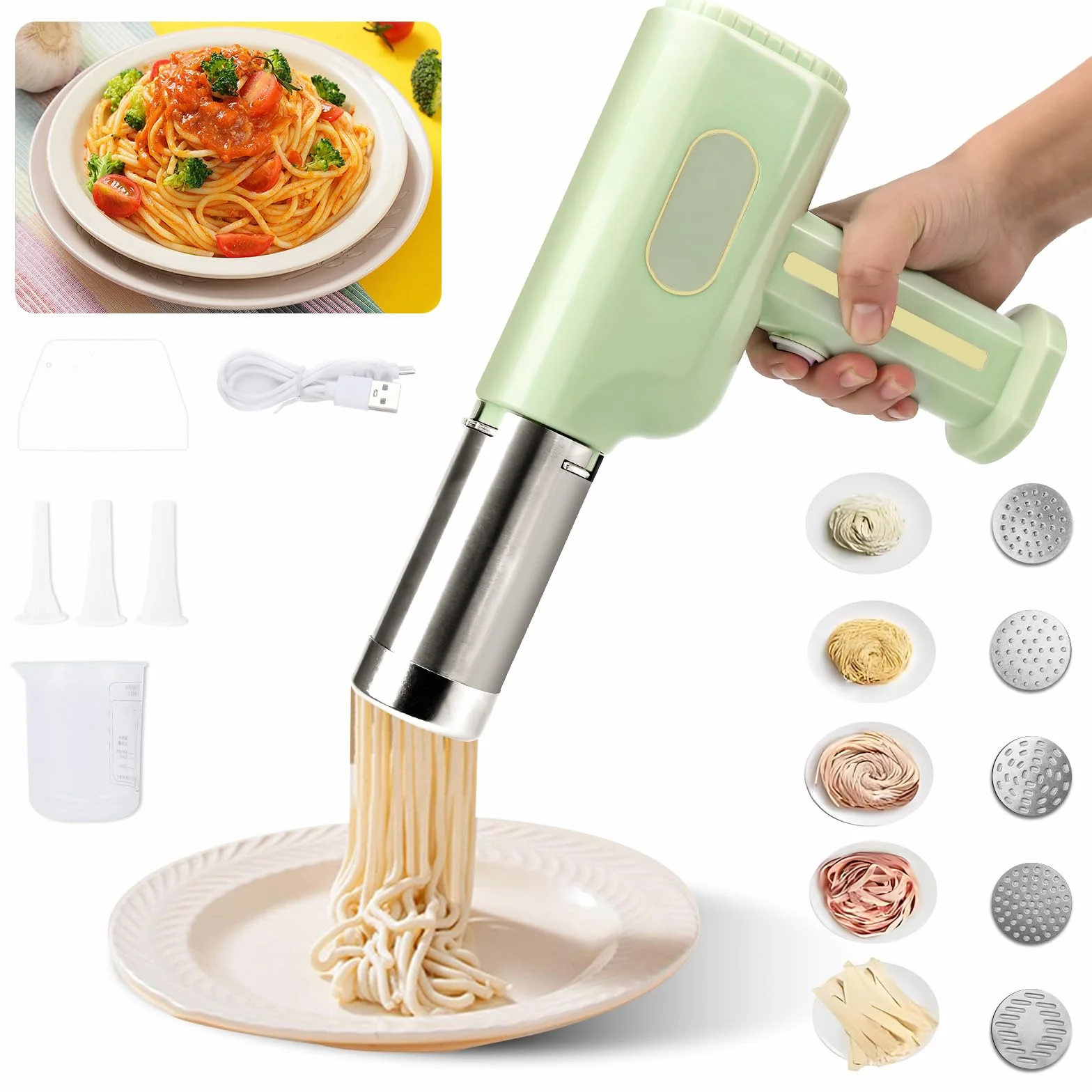 Machine à pâtes électrique, Presse à pâtes portable avec batterie 2600mAh, 5 moules à pâtes, 3 têtes à saucisses, spatule et verre doseur, Machine à pâtes automatique