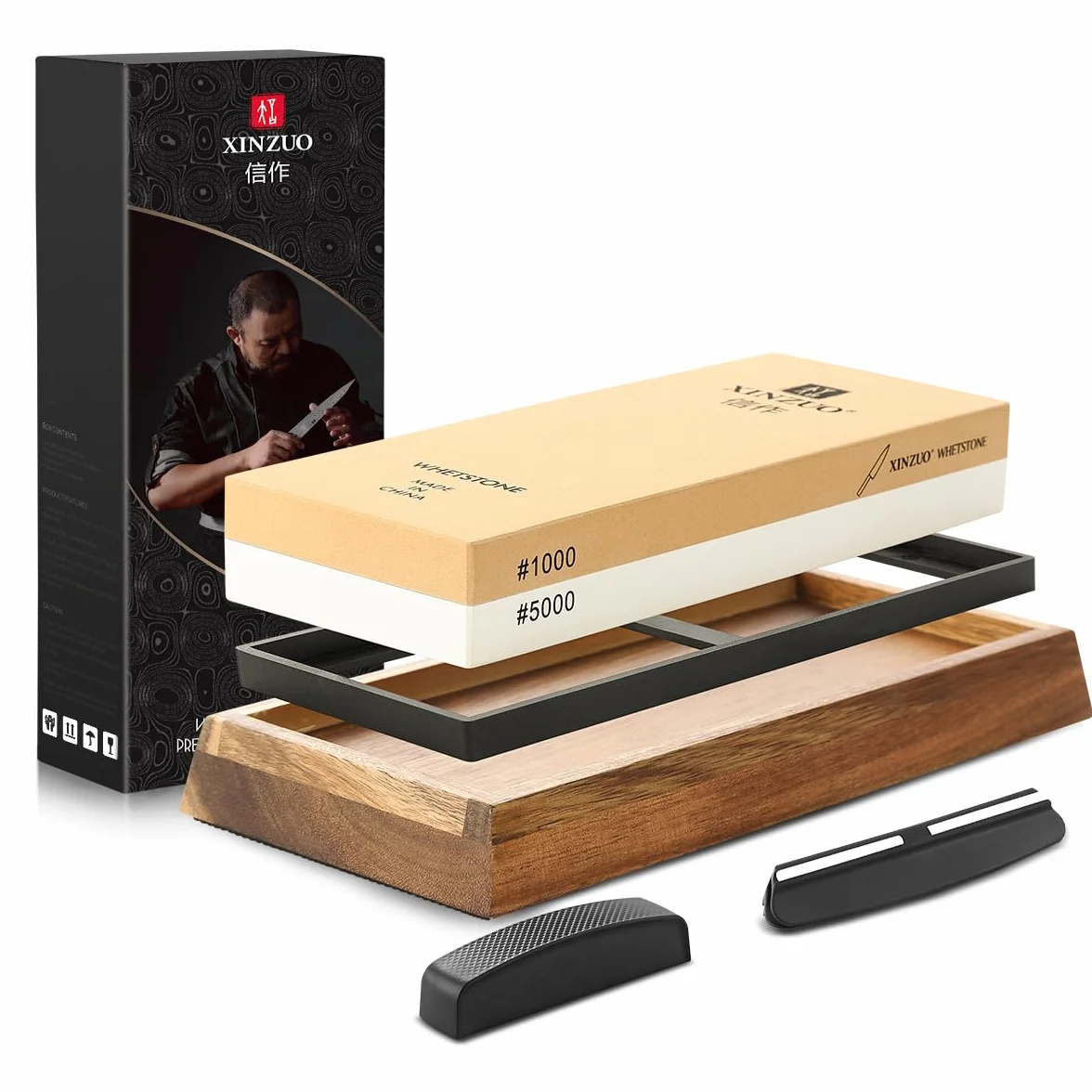 XINZUO Pierre à Aiguiser Grain Double Face 1000/5000, Aiguiseur de Couteau à Affûter Professionnel 2-en-1-Face avec Base en Silicone Antidérapant et Guide d'Angle et Pierre à Aplatir, 5 Pièces