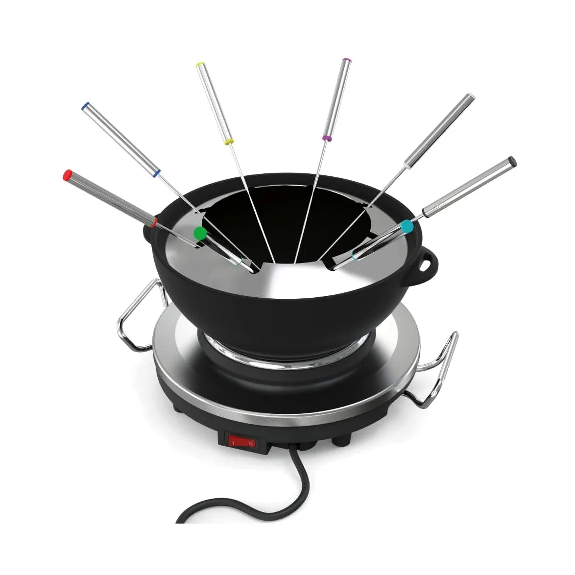 riviera&bar Fondue-Réchaud Électrique 1000W - Capacité 1,2L pour 8 Personnes - Température Réglable 6 Niveaux - Caquelon en Fonte Émaillée - INOX et Acier Chromé - Accessoires Inclus - Acier Chromé