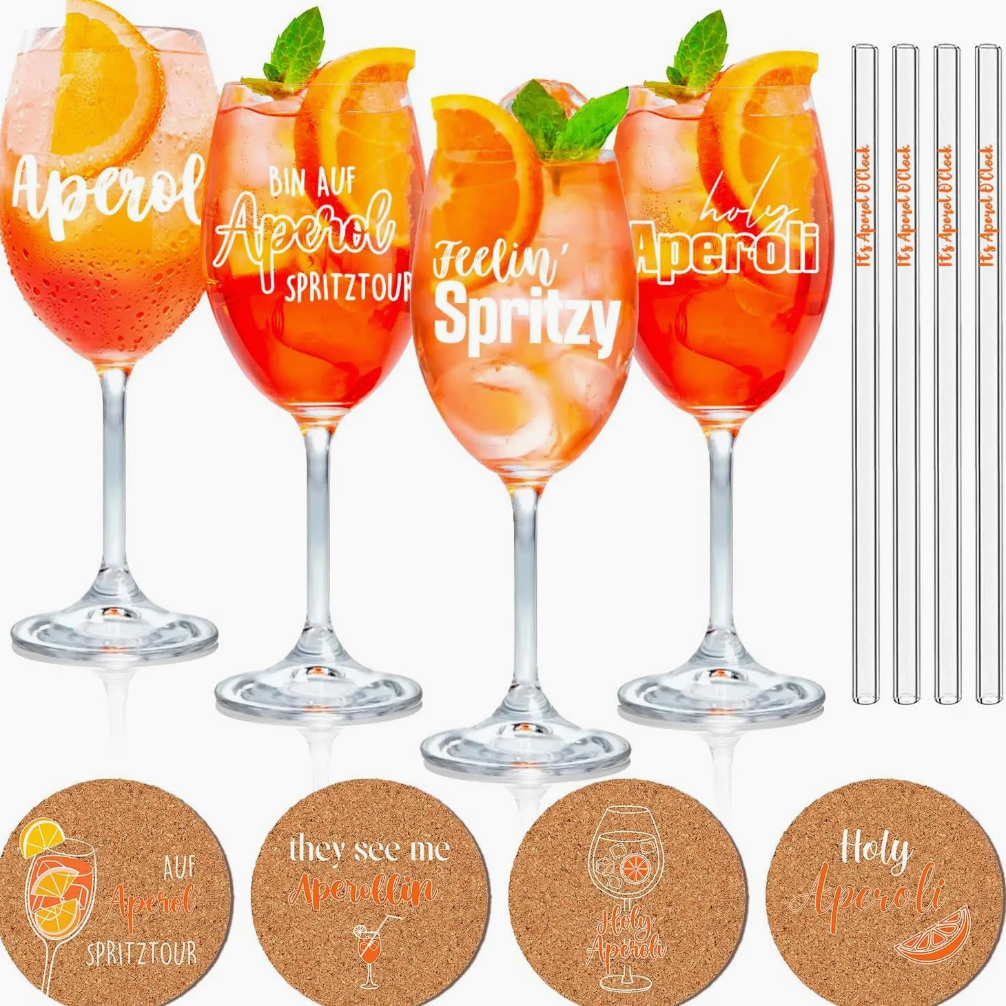 Coffret cadeau 4 verres Aperol Spritz - Verres Aperol de qualité supérieure | Pailles en verre It’s Aperol O’Clock | Sous-verres en liège, idéal pour les amateurs d'Aperol