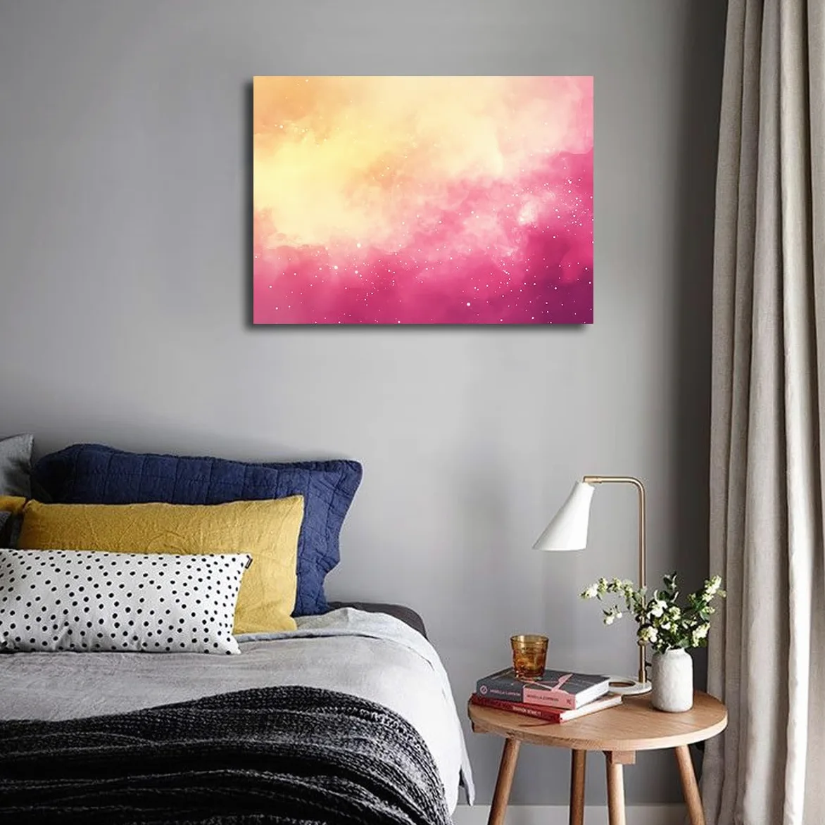 Via Vela Art mural abstrait galaxien en toile Décorations en dégradé rose et jaune chaud Affiches de rêve Ciel étoilé Peinture murale pour la décoration de la chambre 60x80cm