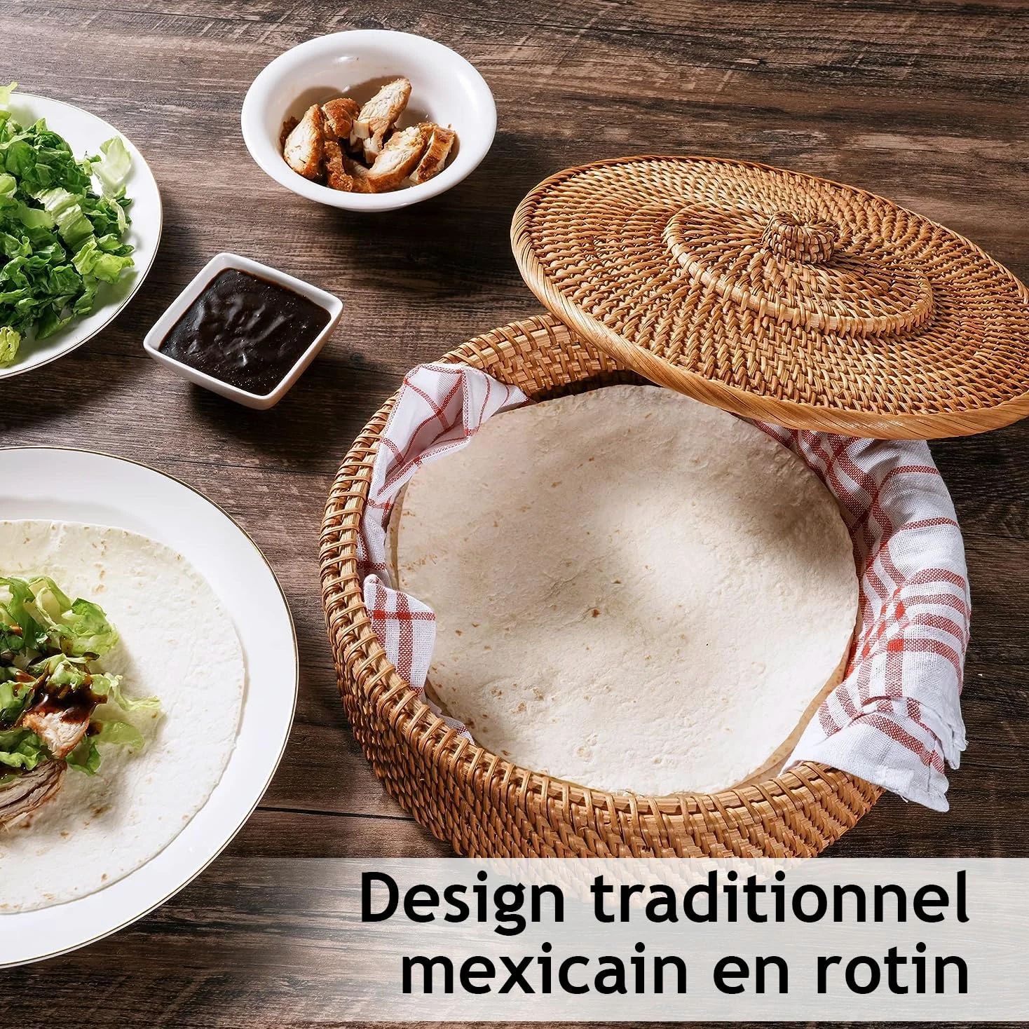 Tortillada - Chauffe Tortillas 26 cm Rotin – Panier à Pain Fait Main pour Tortillas, Wraps et Pain Plat – Avec Tissu en Coton, Garde les Aliments Chauds