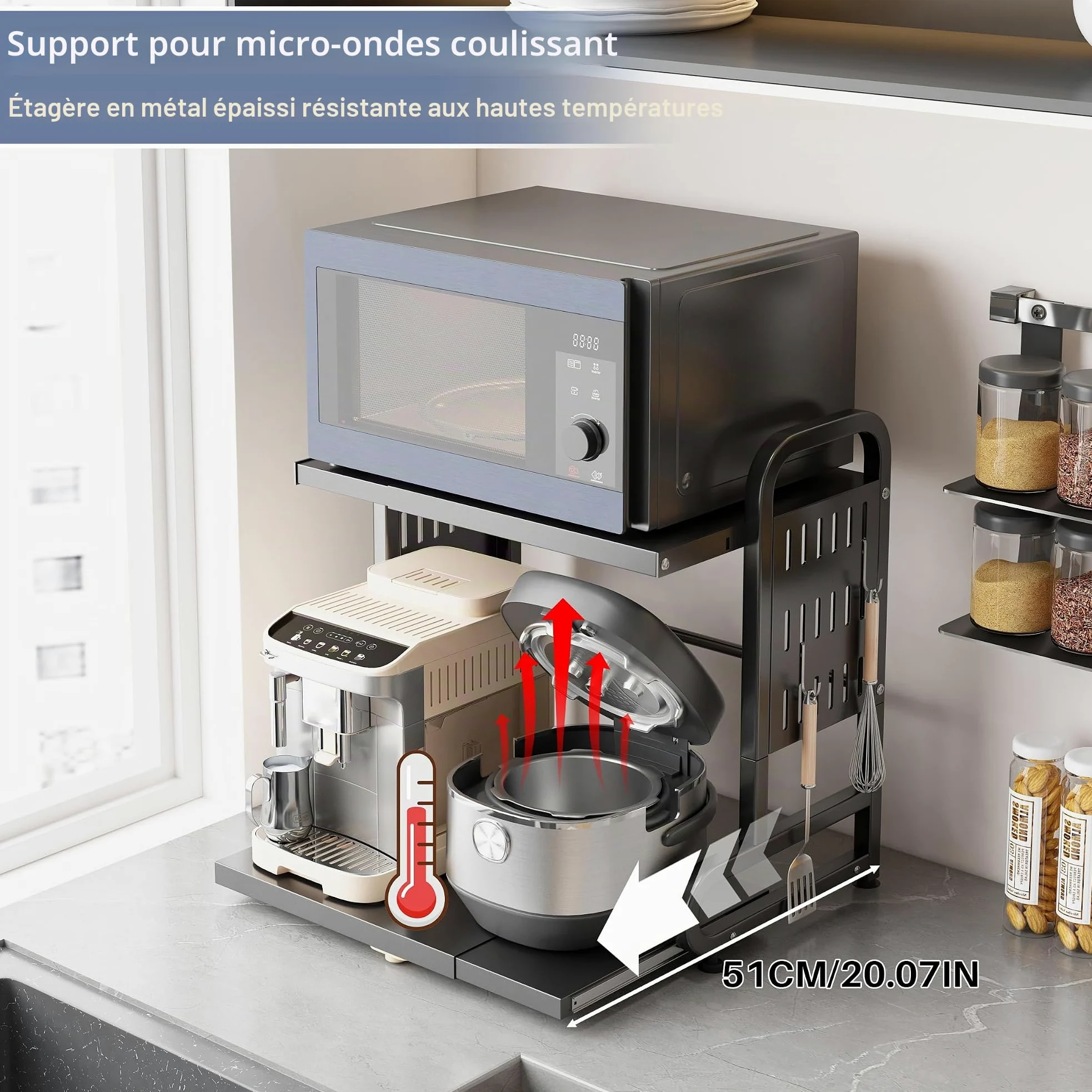 Étagère de Rangement Extensible pour Micro-Ondes, 2 Niveaux Étagère de Cuisine Réglable en Métal et 6 Crochets, Support pour Four, Microwave Oven Storage Rack (Noir)