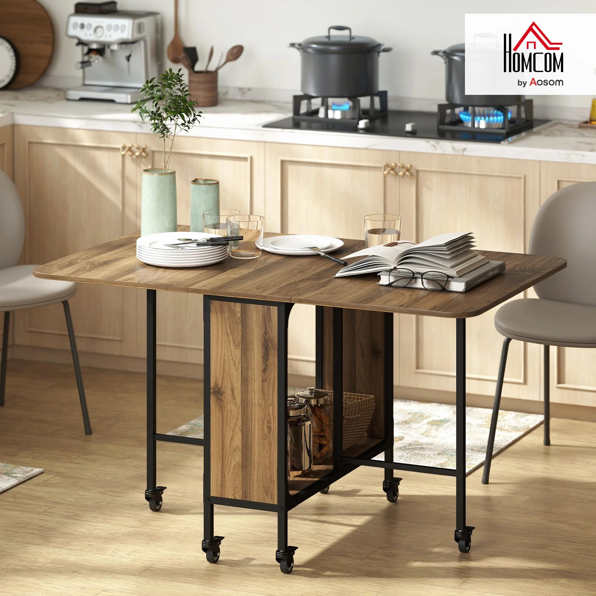 HOMCOM Table à Manger Pliante sur roulettes, Table de Cuisine pour 6 Personnes avec 2 abattants et étagère intégrée, pour Petits espaces, Salle à Manger, 130 x 80 x 74 cm, Marron