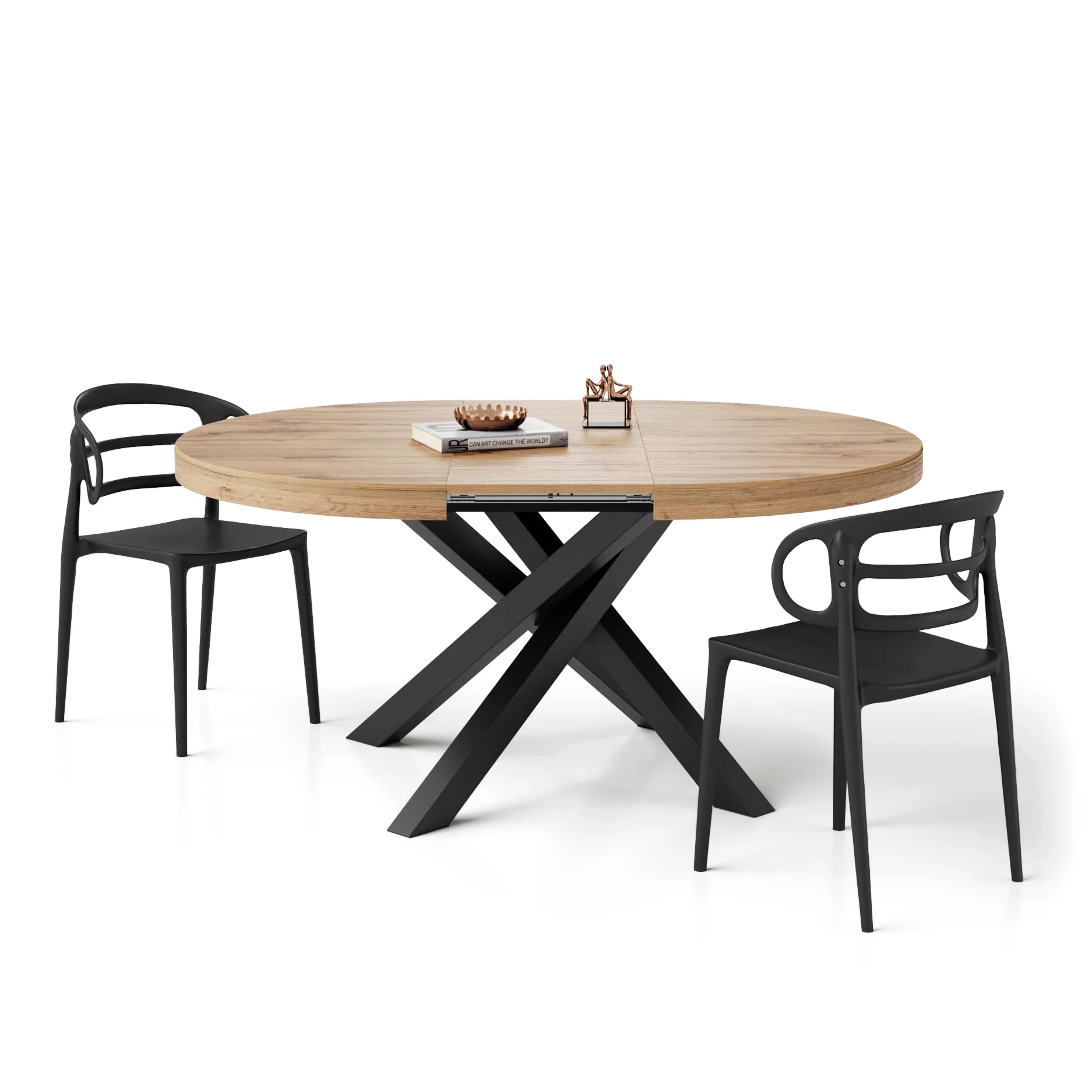 MOBILI FIVER, Table Ronde Extensible Emma, 120-160 cm, Bois Rustique, avec Pieds Noirs croisés, pour 4-6 Personnes, Table Extensible pour Cuisine, Salon, Made in Italy