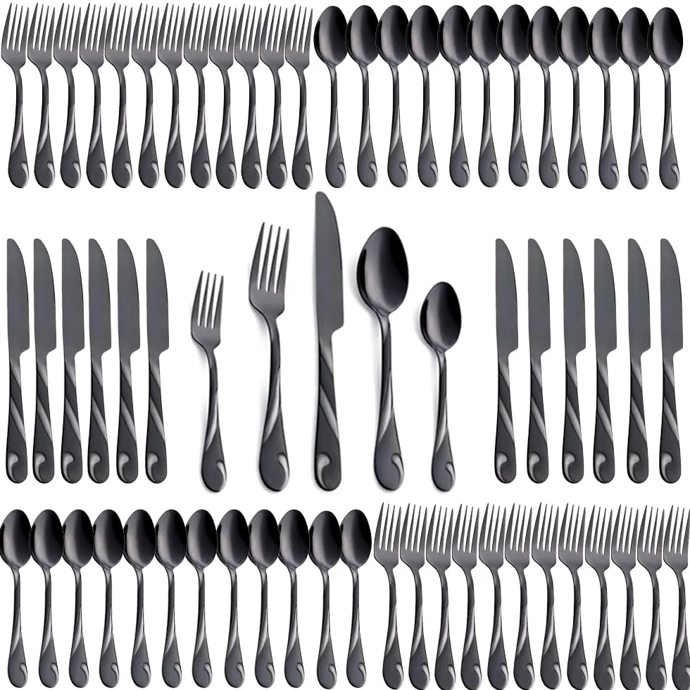 60 pièces Ensemble de couverts noirs pour 12 personnes, acier inoxydable, en métal noir poli. Comprend des fourchettes, des couteaux et des cuillères