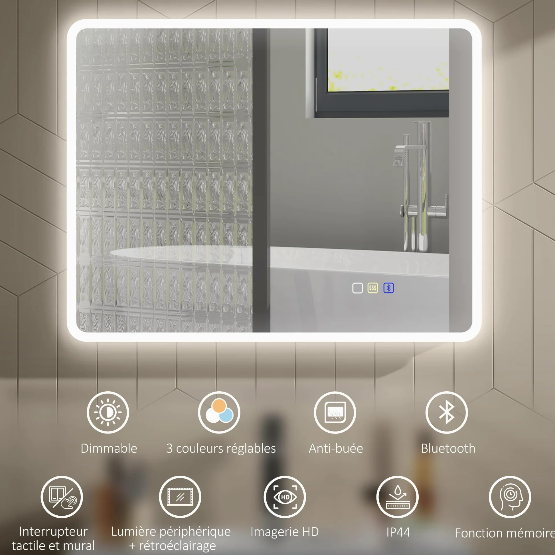 HOMCOM Miroir Salle de Bain Bluetooth 70 x 90 cm, Miroir Lumineux Salle de Bain Mural avec éclairage LED, Interrupteur Tactile, lumière réglable 3 Couleurs, Anti-buée, mémoire - Argent